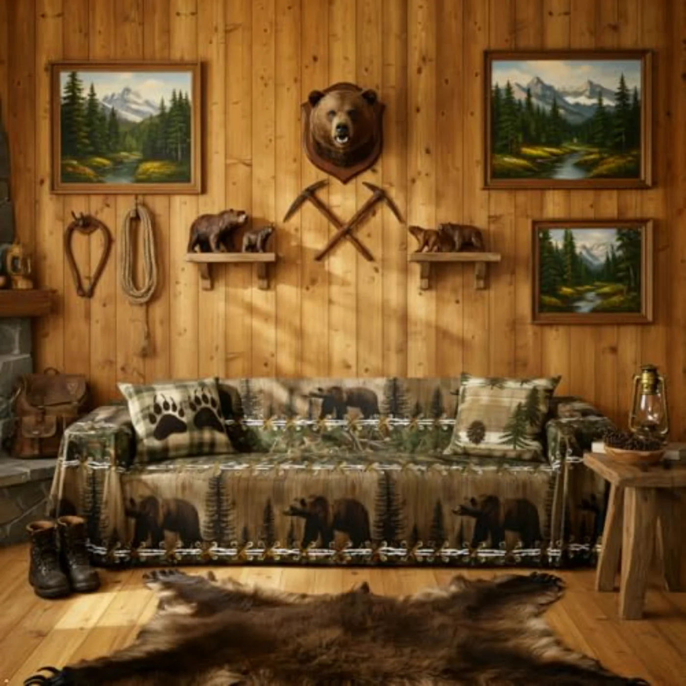 Rustic Grizzly Bear Couch Dogs Comforter Set
