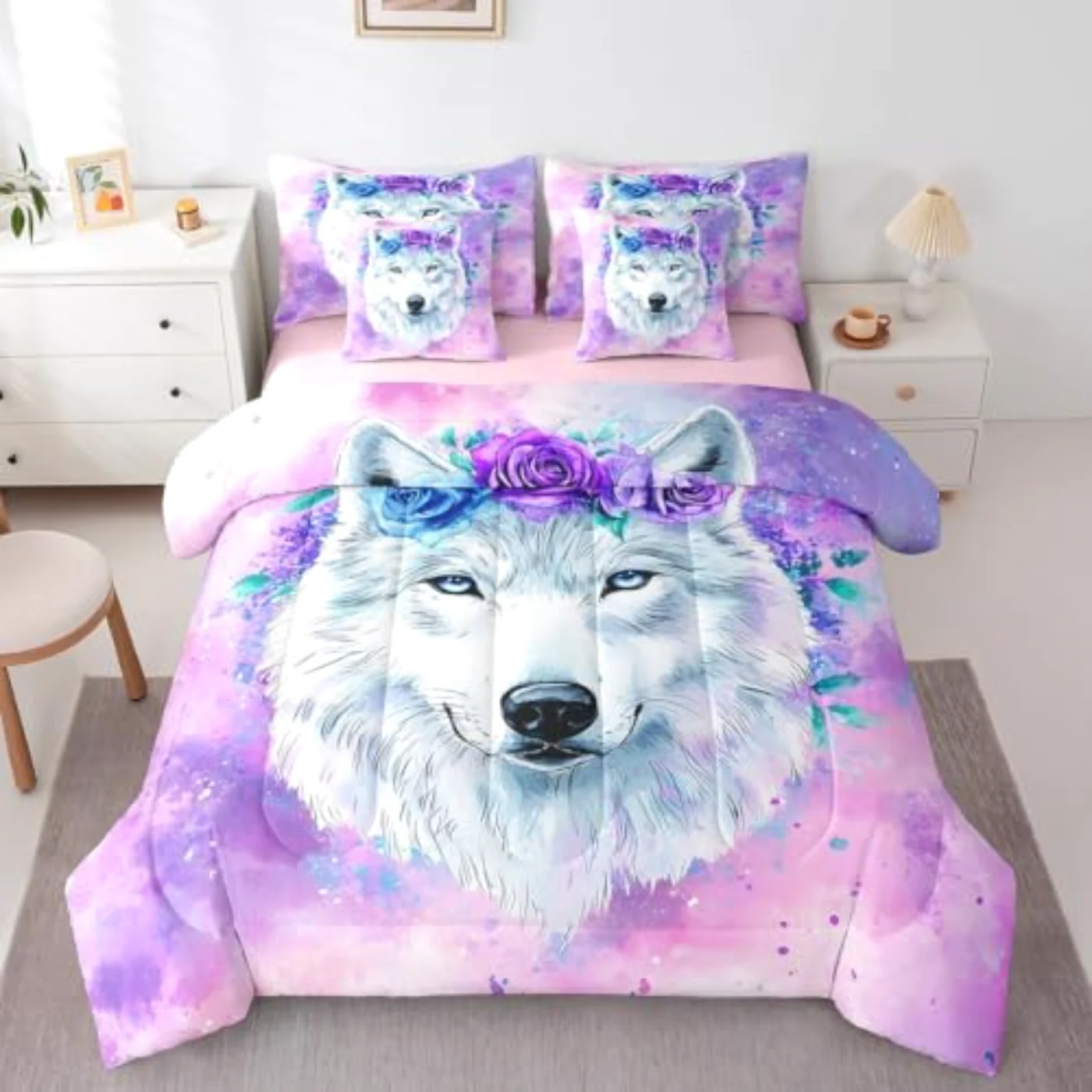 Floral White Wolf Sheets Comforter Set, Twin