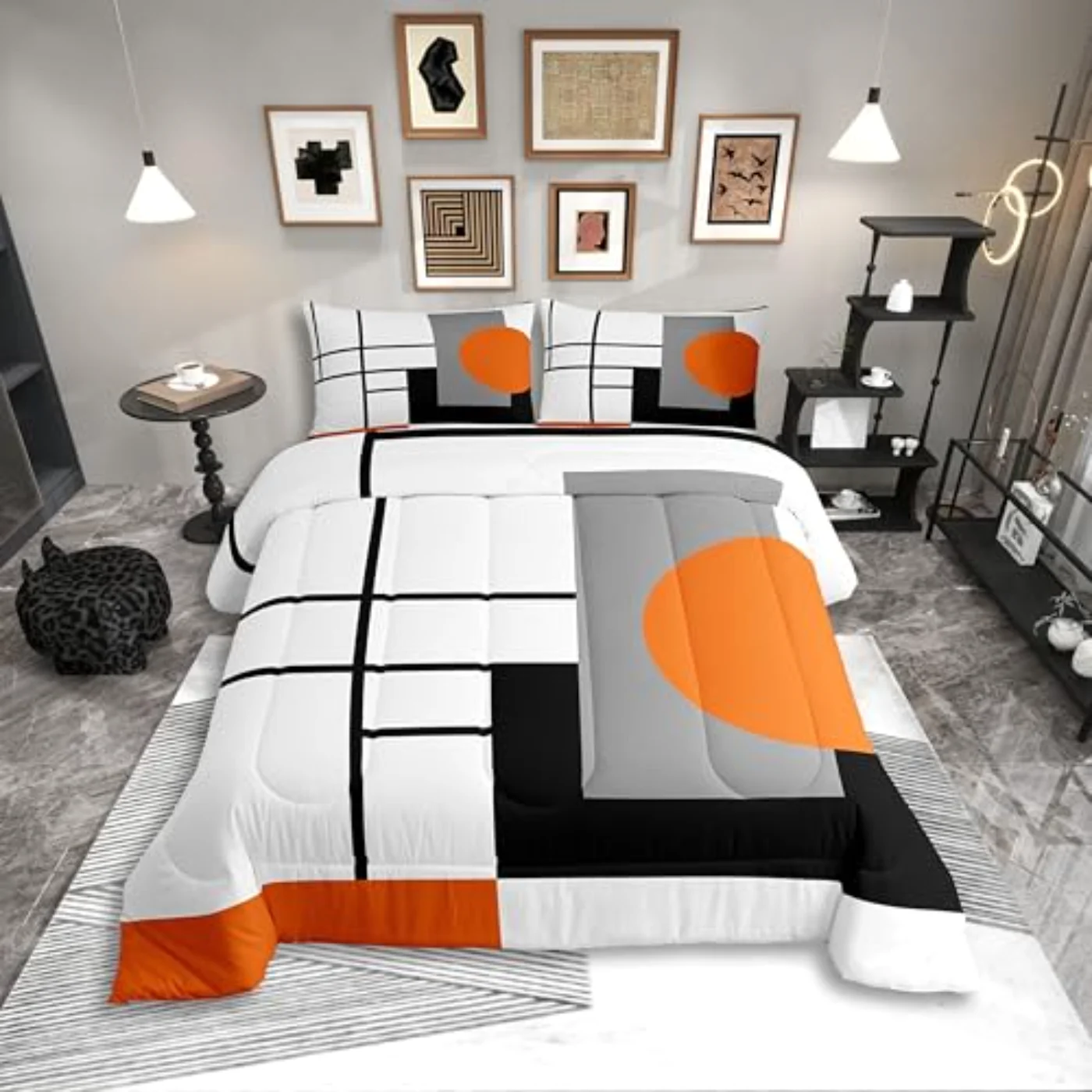 White Black Orange Striped Adult Quilt, Queen