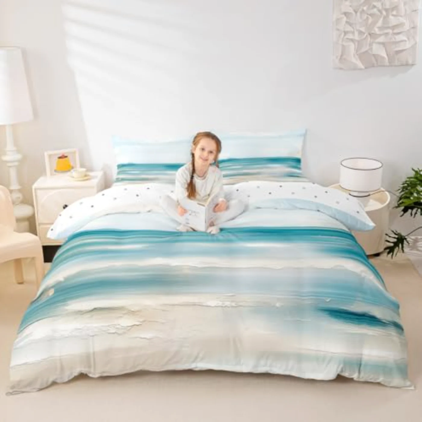 Abstract Beach Teal Oil Painting Duvet Cover, Queen
