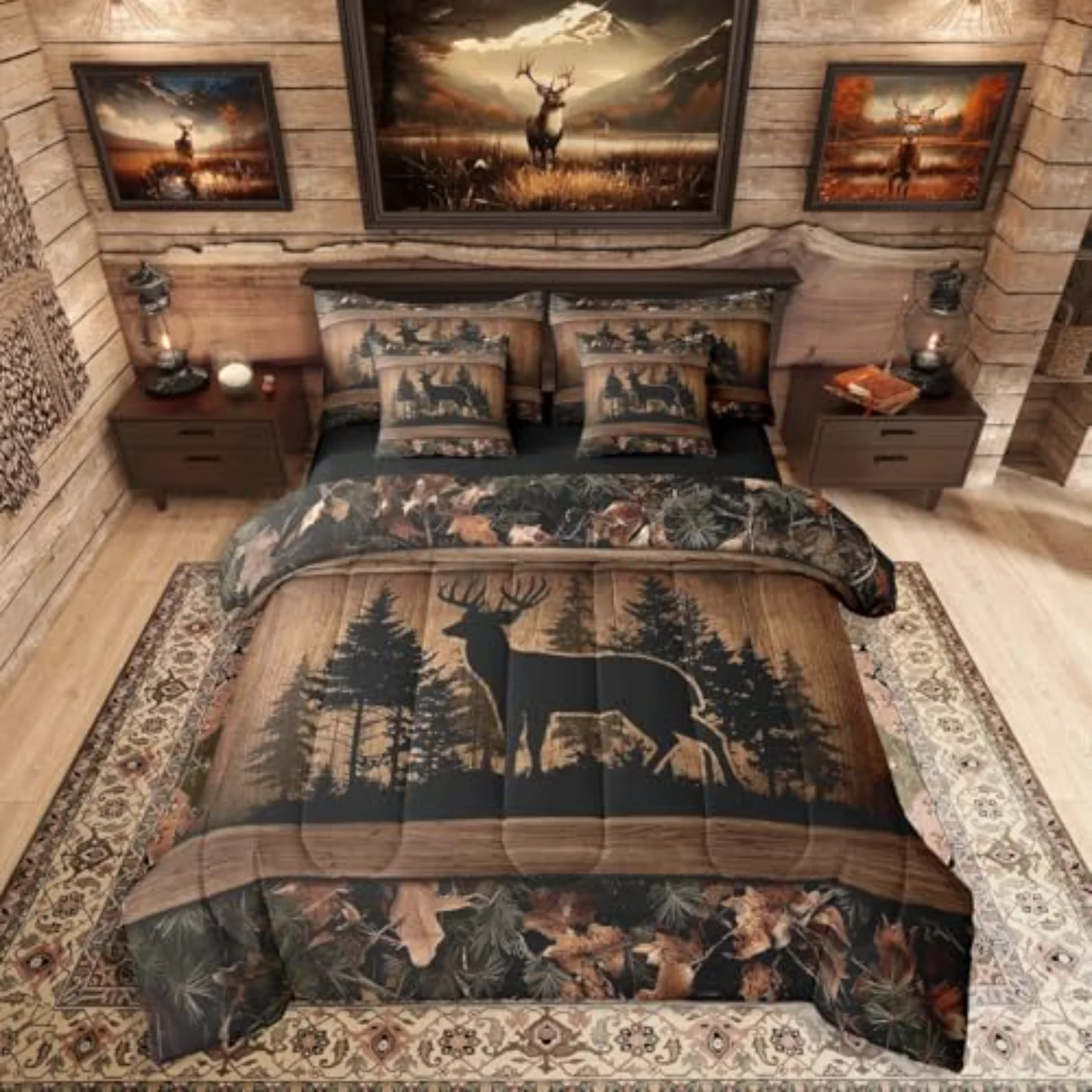 Farmhouse Deer In Bag Camo Comforter Set, Queen