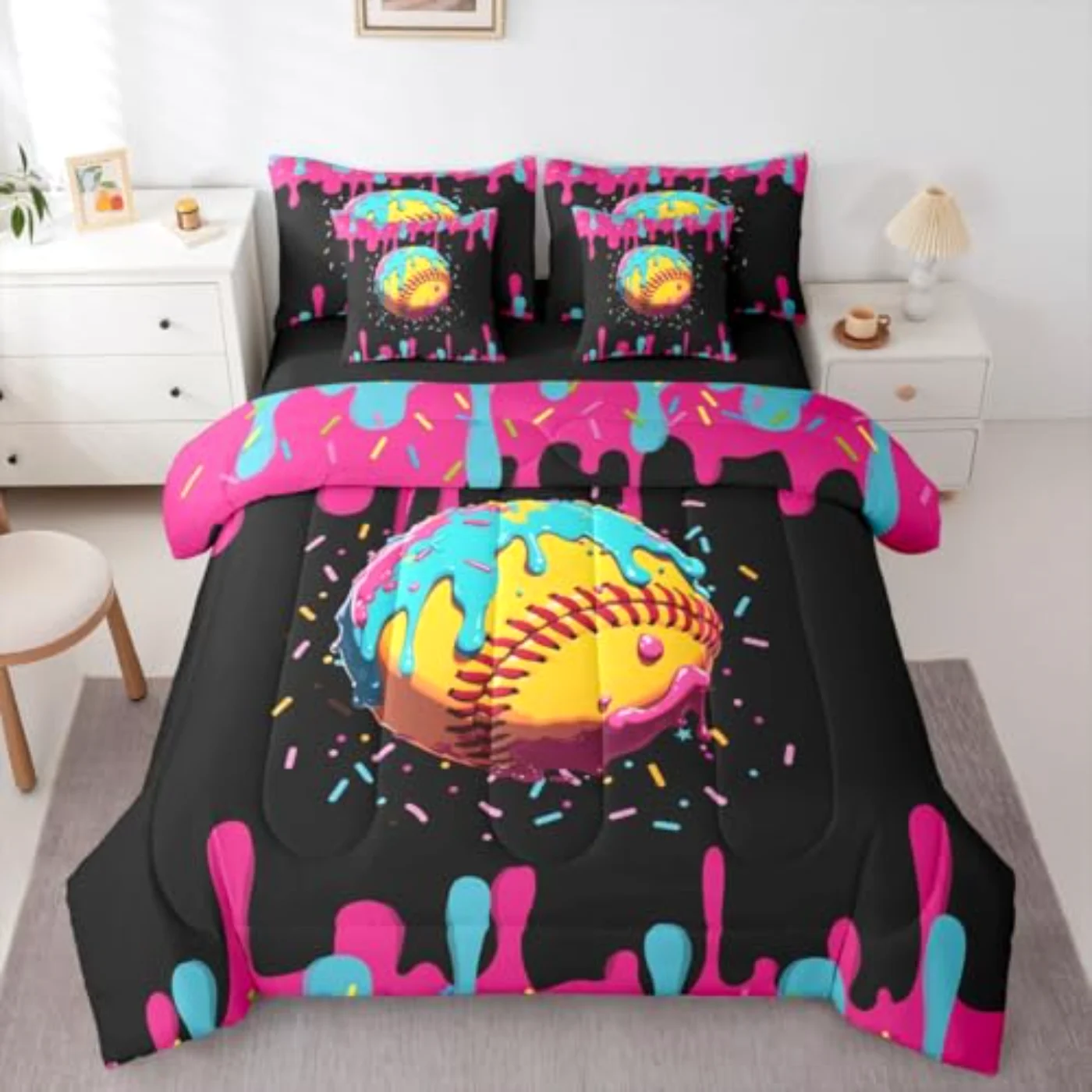 Cute Softball Pink Blue Ice Comforter Set, Twin