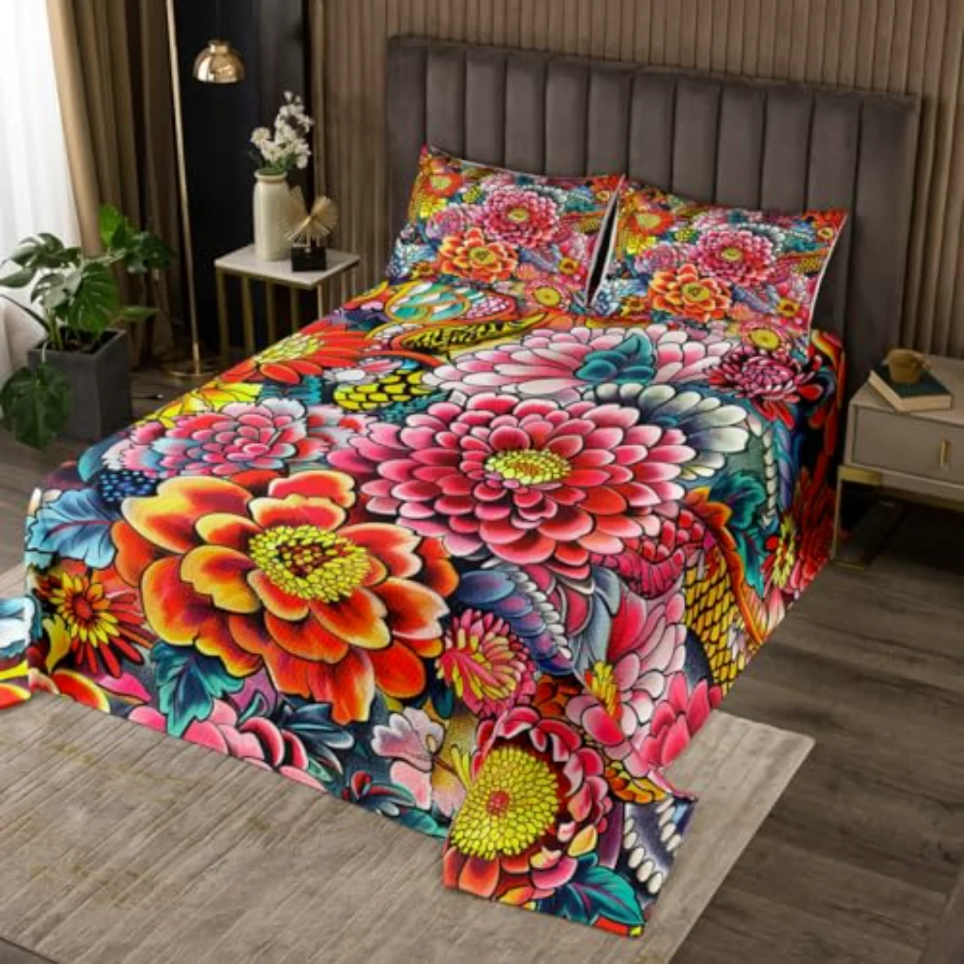 Boho Floral Quilted Quilt, Queen