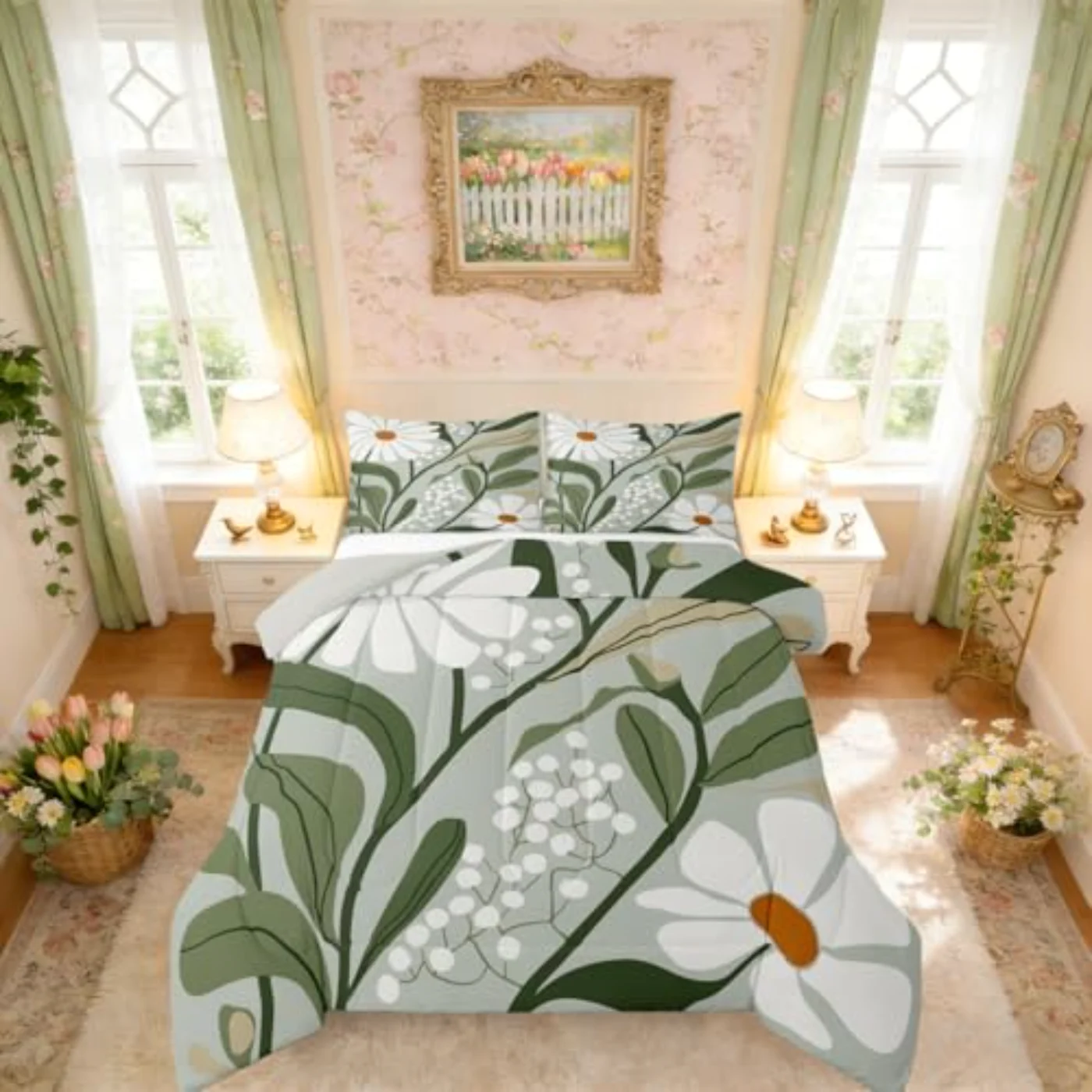 Boho Sage Green Comforter Set, Queen