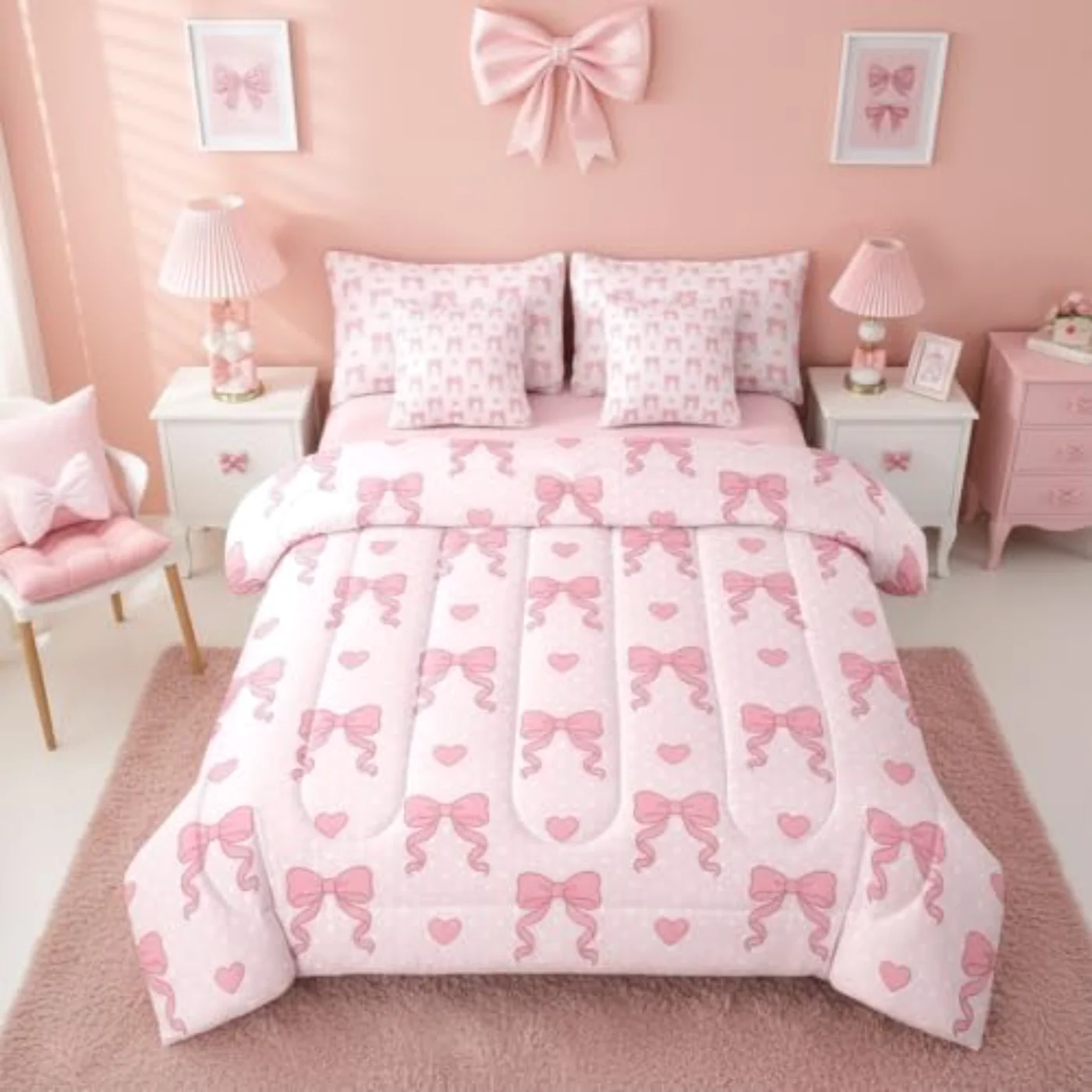 Pink Bow Cute Bowknot Sheets Comforter Set, Twin