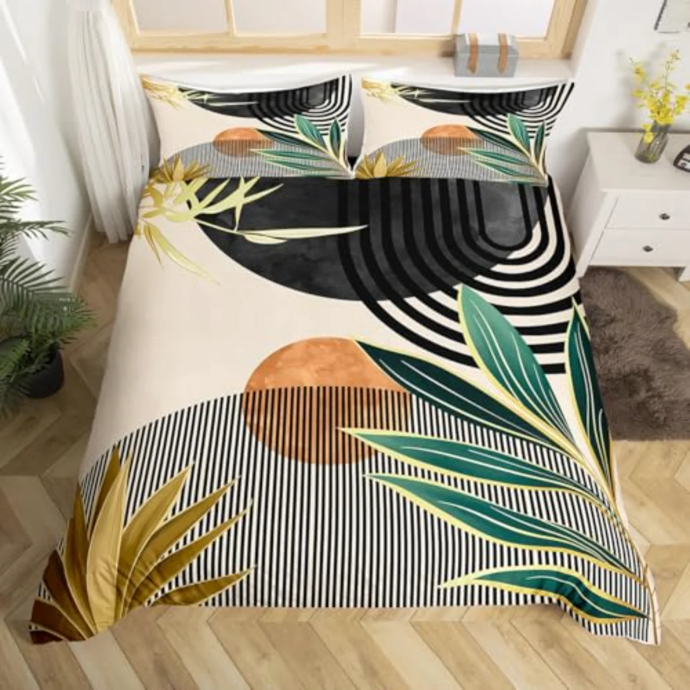 Mid Century Modern Boho Botanical Duvet Cover, Queen