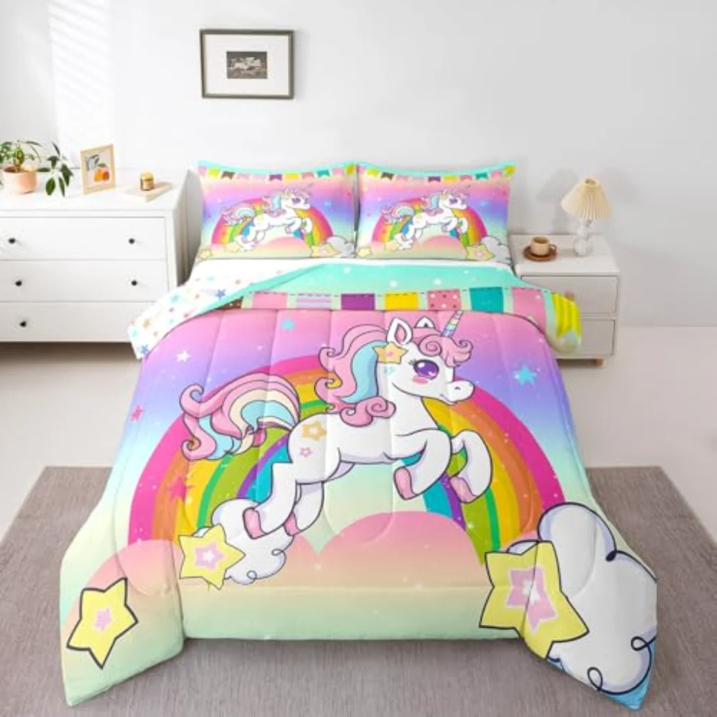 Unicorn Girls Kids Toddlers Comforter Set, Twin