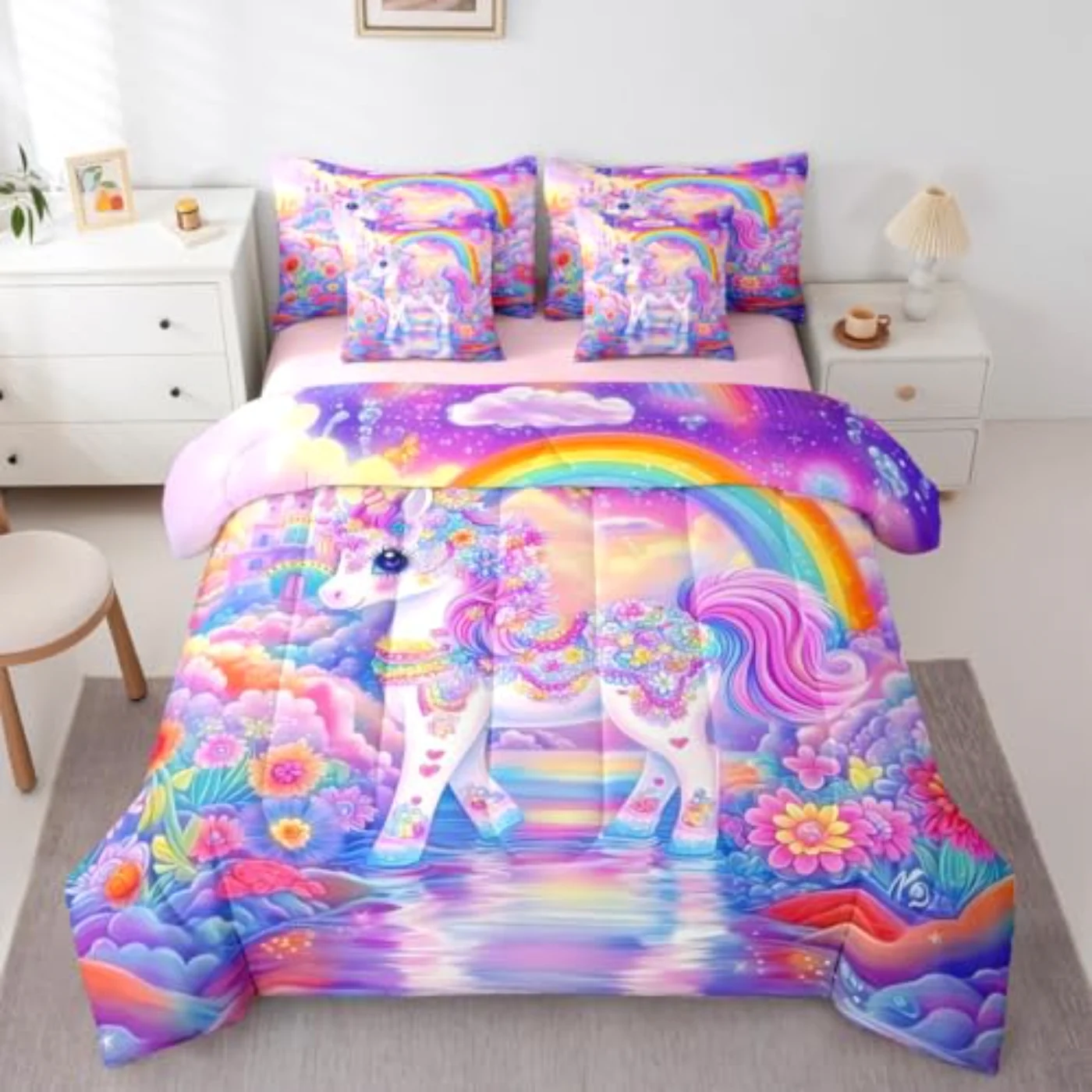 Floral Unicorn Girls Kids Rainbow Comforter Set, Twin