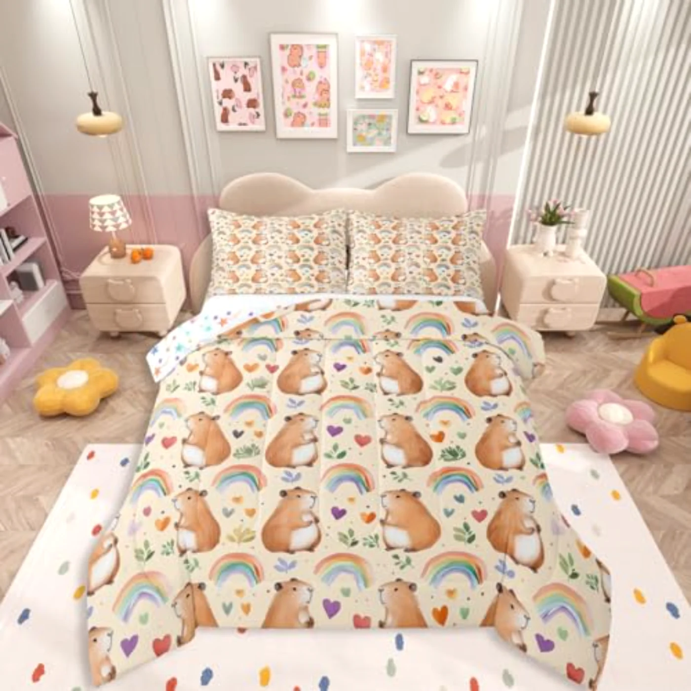 Girls Capybara Colorful Rainbow Kids Comforter Set, Twin