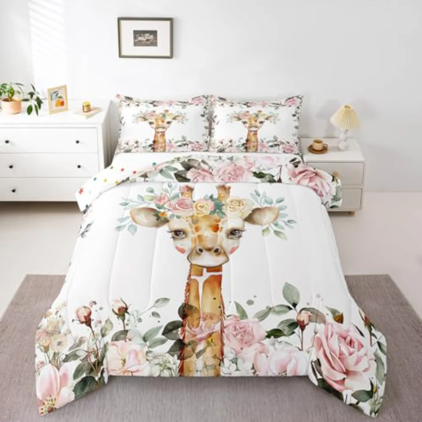 Cute Giraffe Pink Rose Girls Comforter Set, Twin