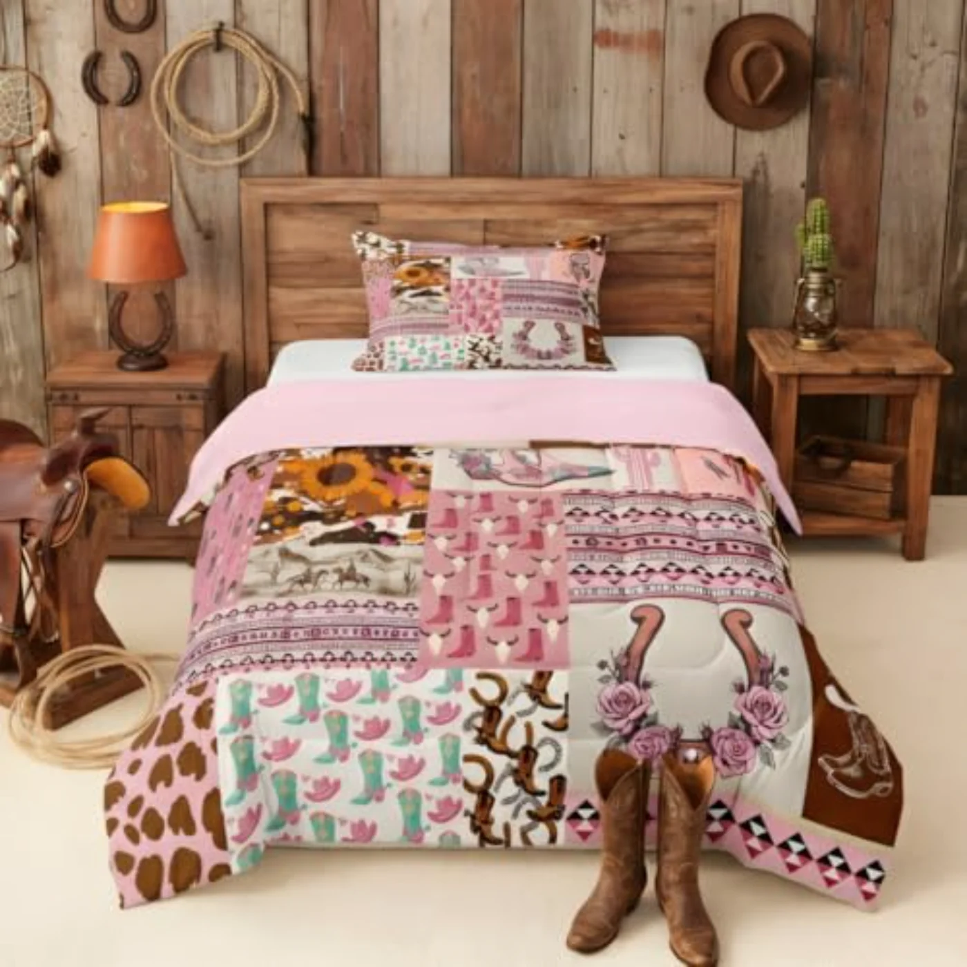 Western Pink Cowgirl Toddler Girls Comforter Set, Twin