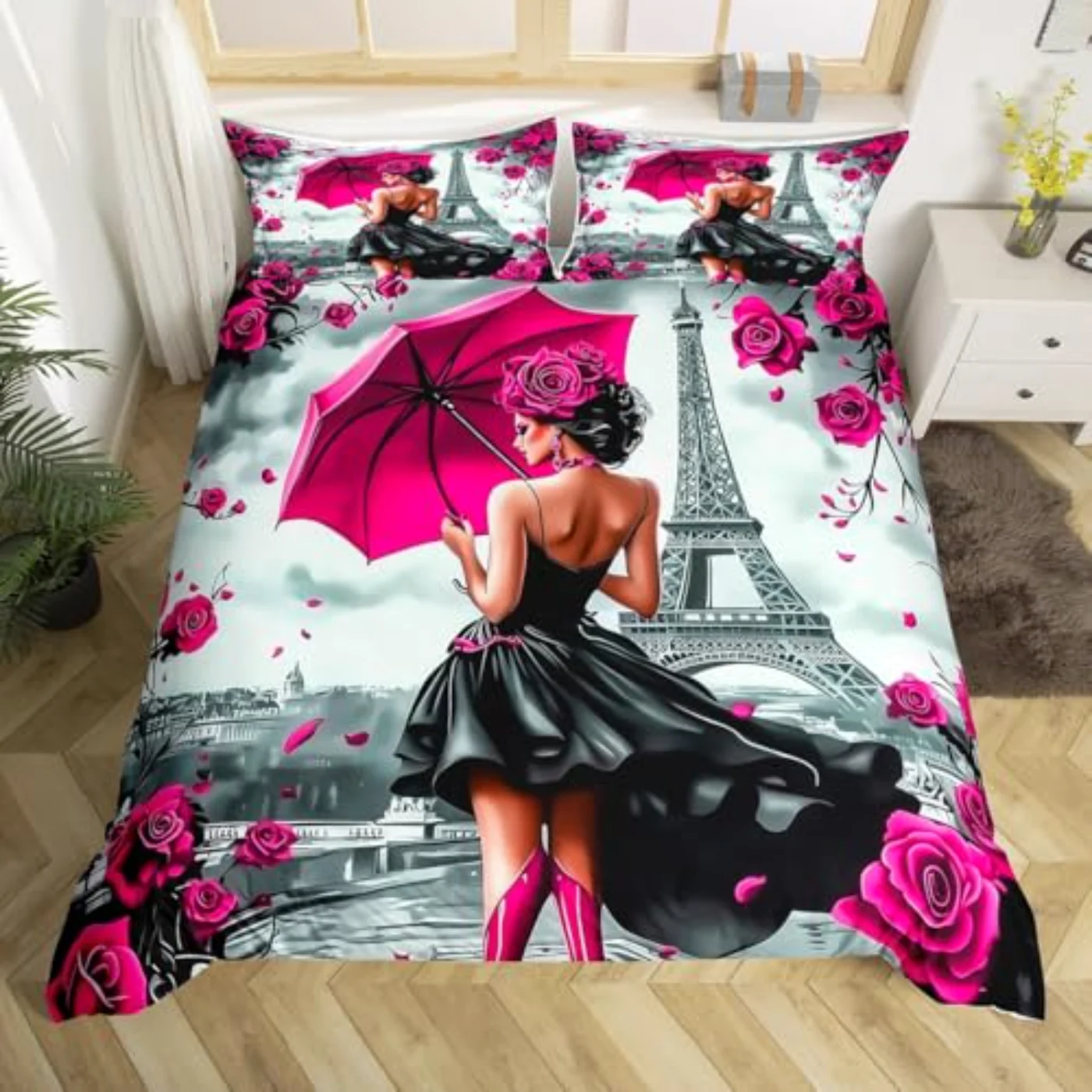 Romantic Flower Paris Pink Floral Duvet Cover, King