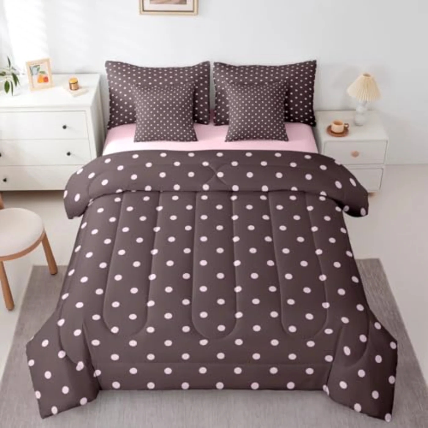 Girly Polka Dots Brown Pink Comforter Set, Queen