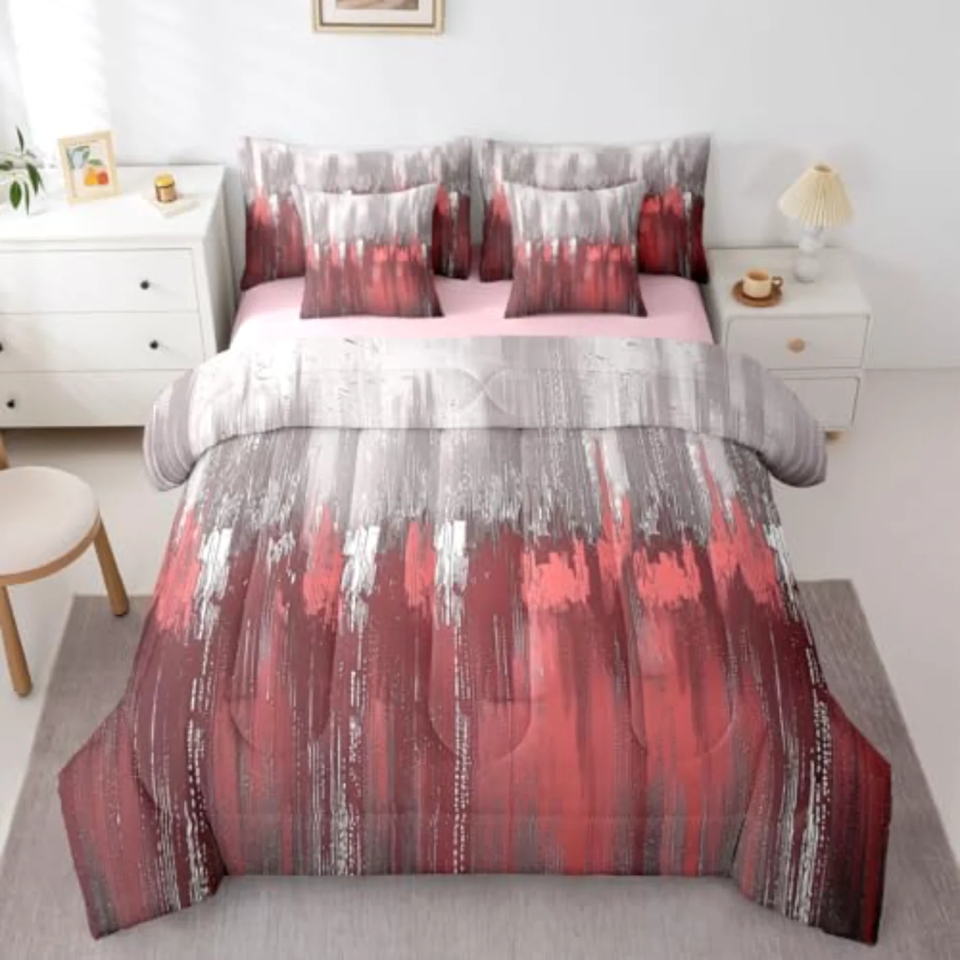 Greyish Gradient White Rosy Sheets Comforter Set, Twin