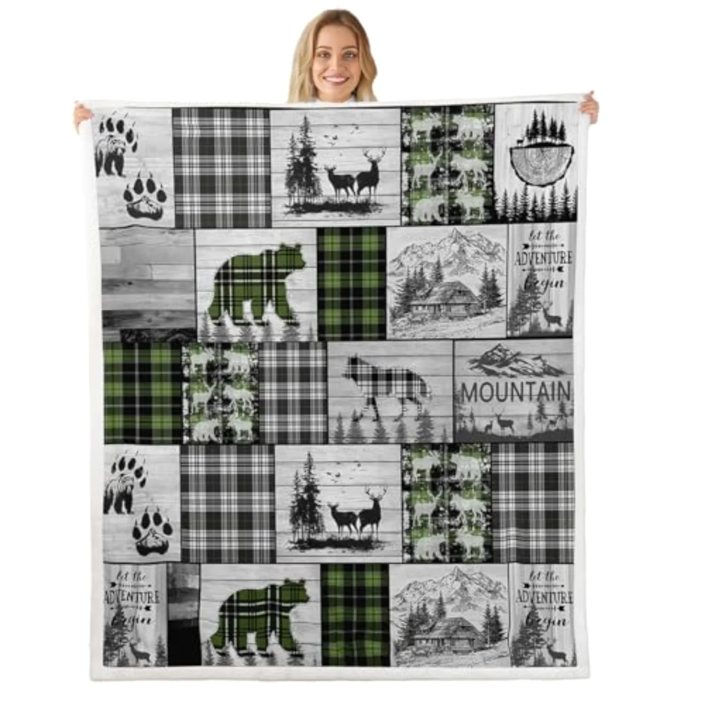 Plaid Bear Deer Moose Sherpa Throw, Twin