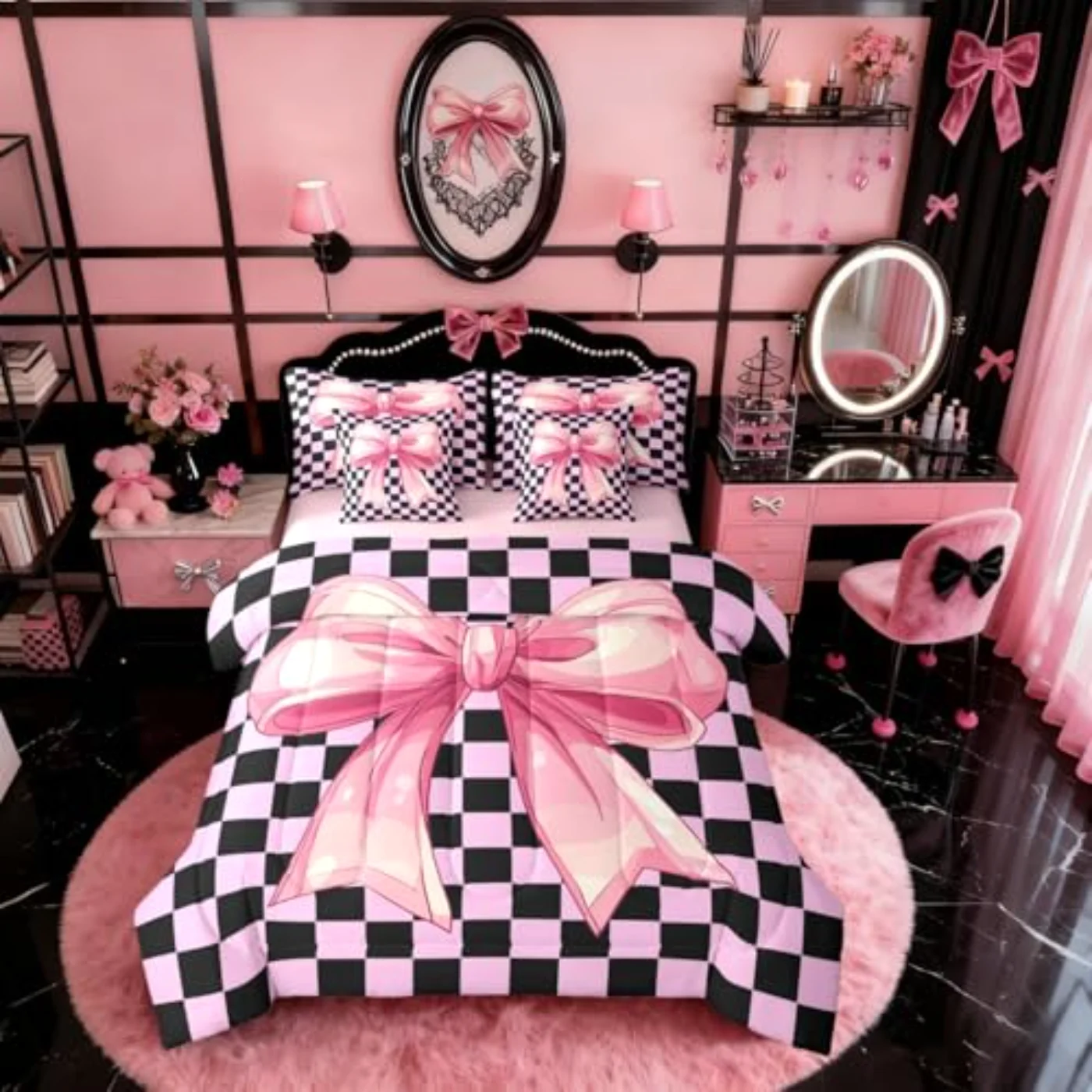 Black Pink Girls Pink Bowknot Comforter Set, Twin