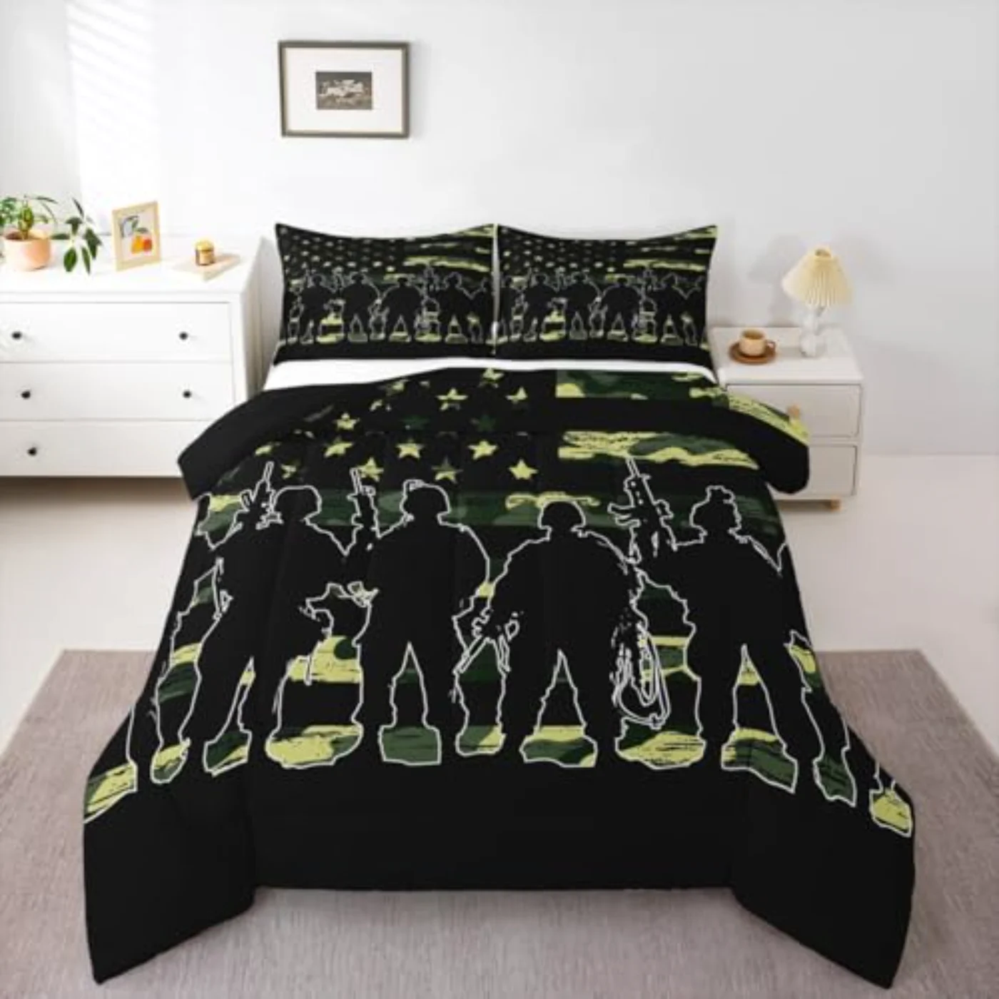 American Flag Boy Teen Armygreen Quilt, Full