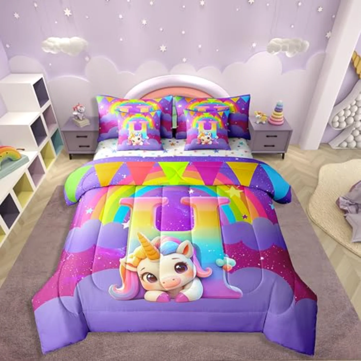 Kawaii Unicorn Monogrammed Personalized Initial Comforter Set, Twin