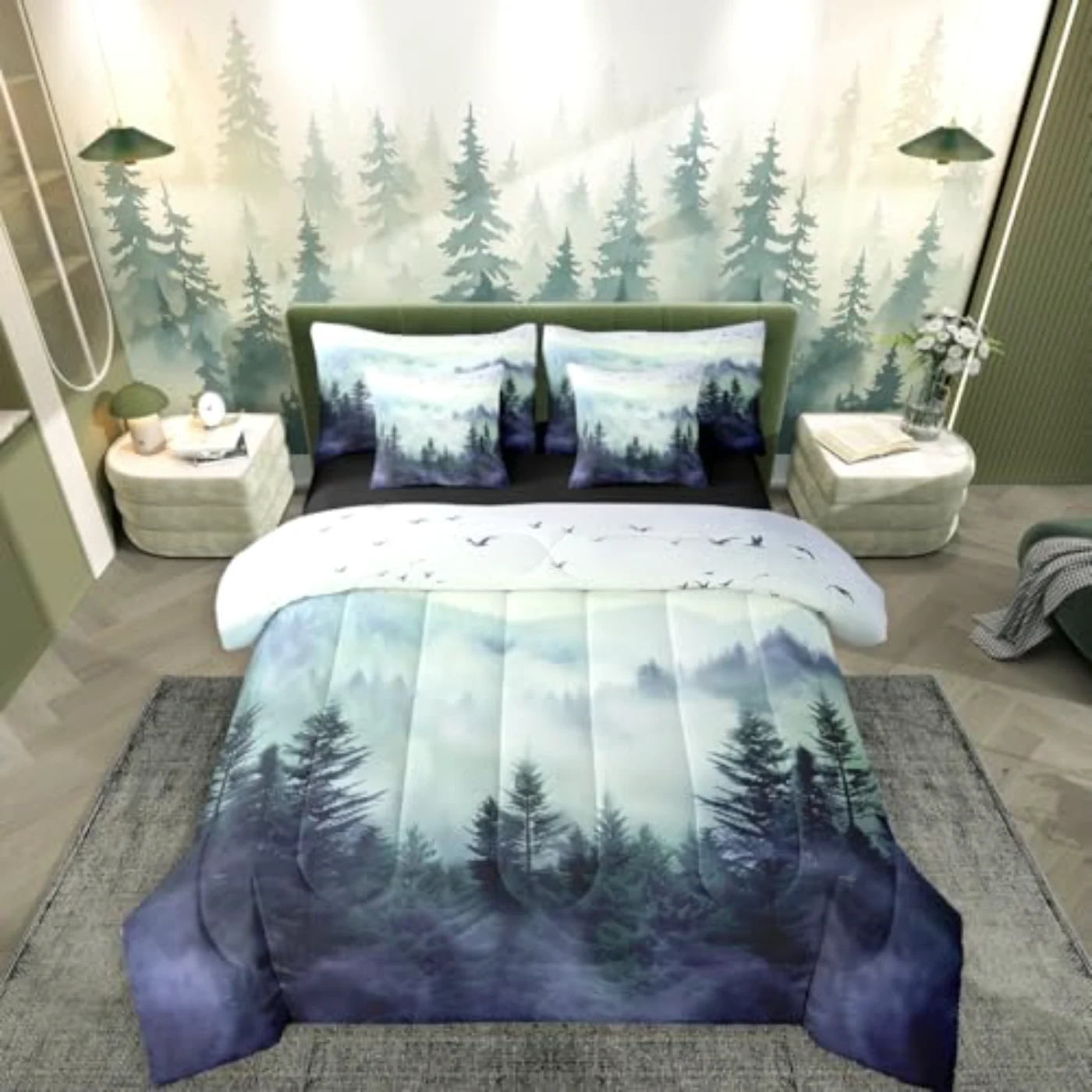 Blue Green Mountain Nature Forest Comforter Set, Queen