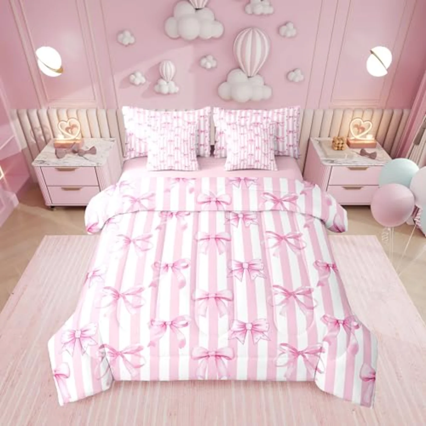 Pink Bow Stripe Bowknot Girls Comforter Set, Twin