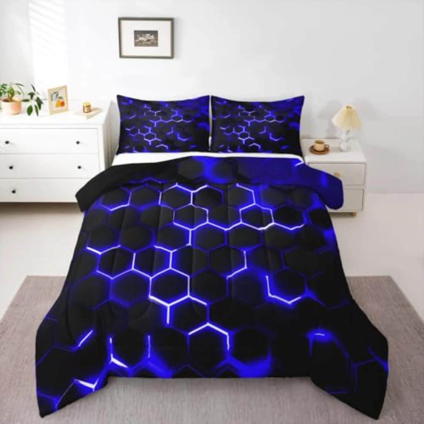 Honeycomb Neon Light Geometric Kids Quilt, Full