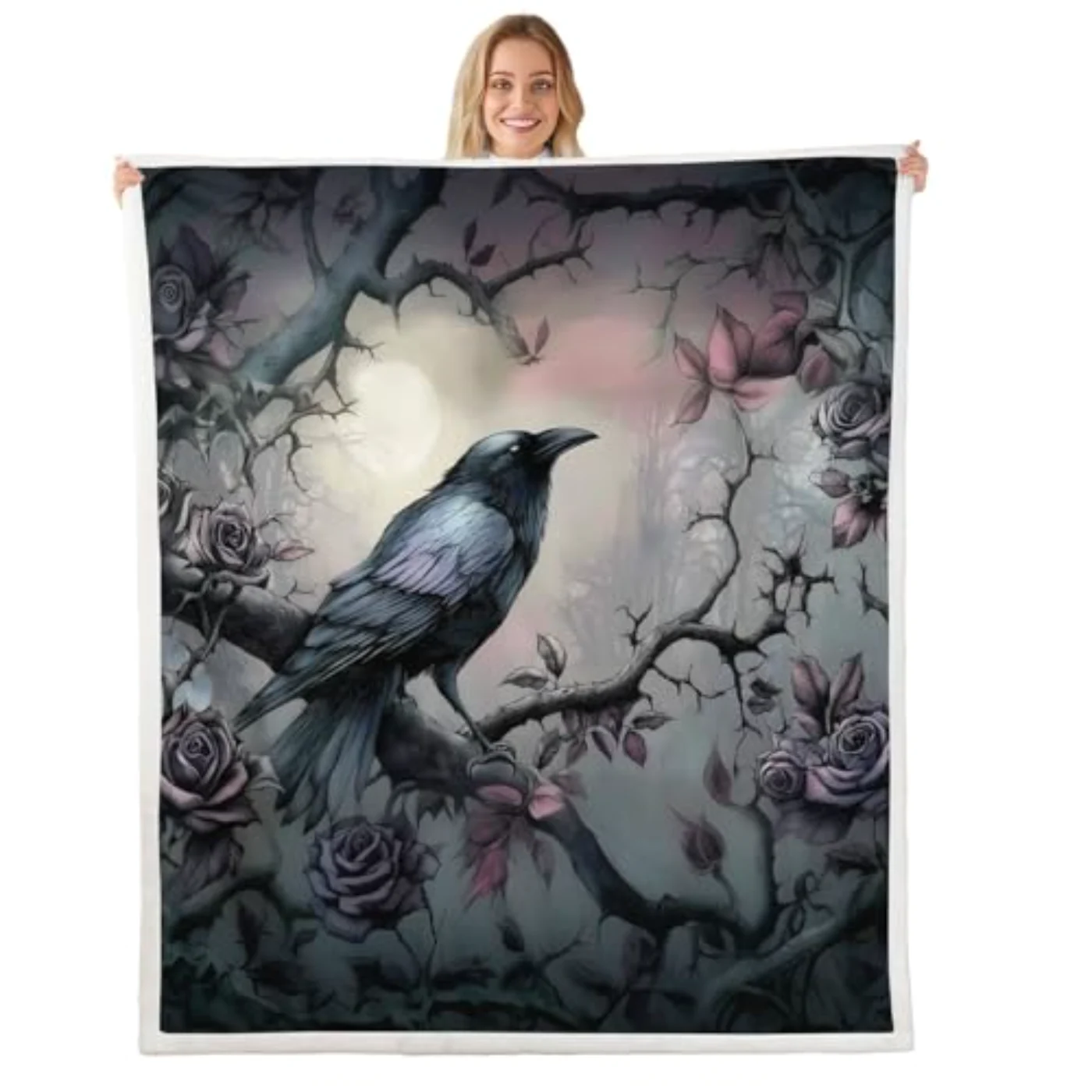 Black Gothic Raven Fleece Blanket Throw, Queen