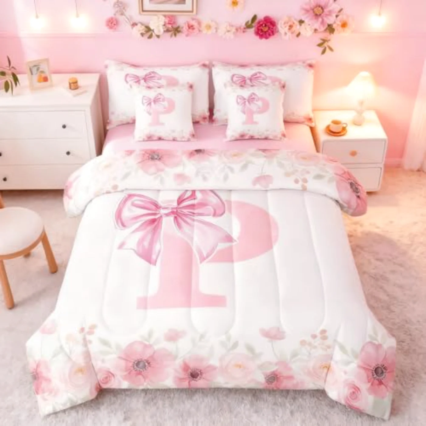 Initial Letter P Bow Kids Comforter Set, Full