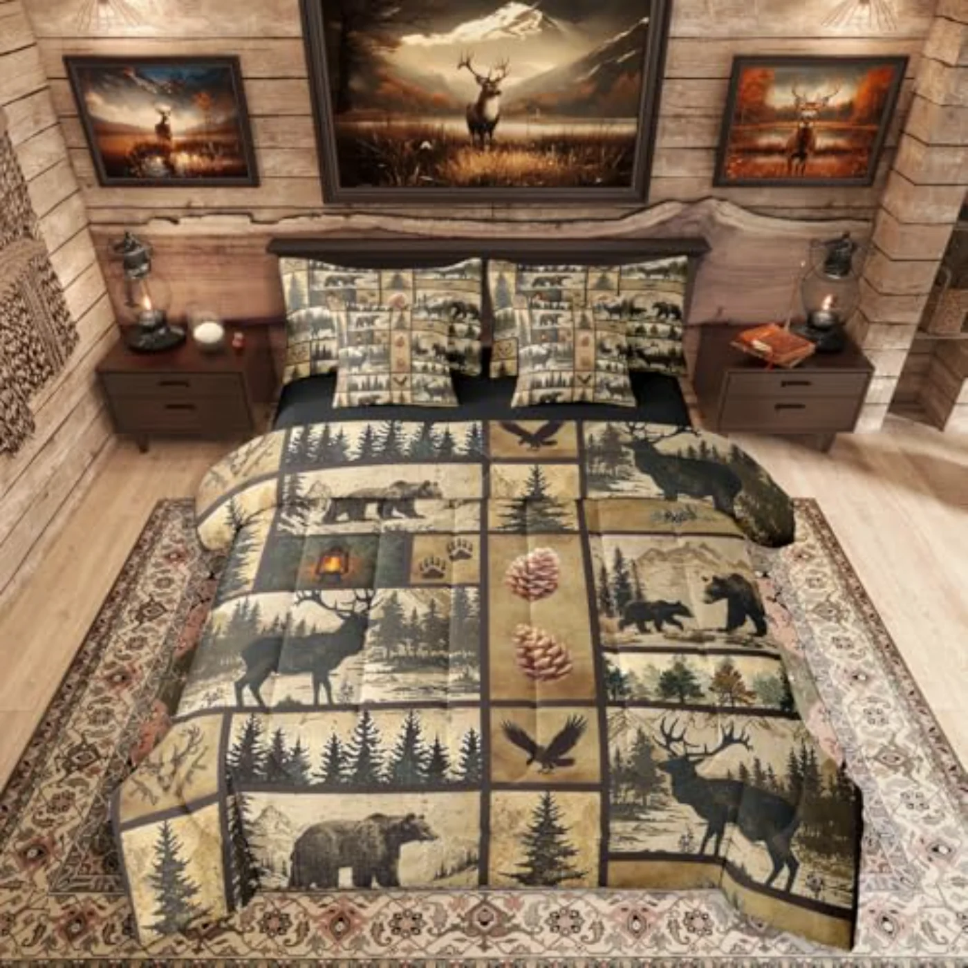 Western Rustic Bear Sheets Hunting Comforter Set, Queen