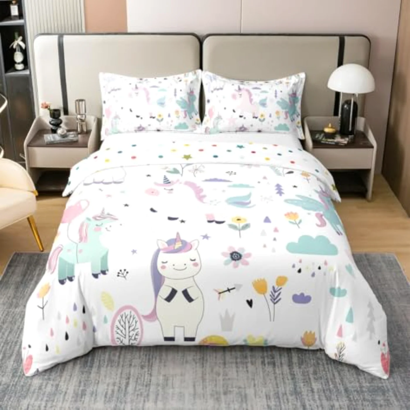 Unicorn Cotton Cartoon Floral Kids Duvet Cover, Full