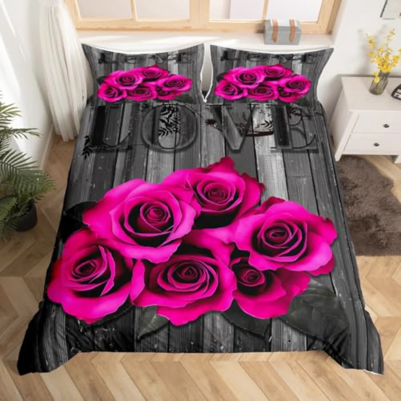 Hot Pink Rose Flowers Retro Duvet Cover, Full