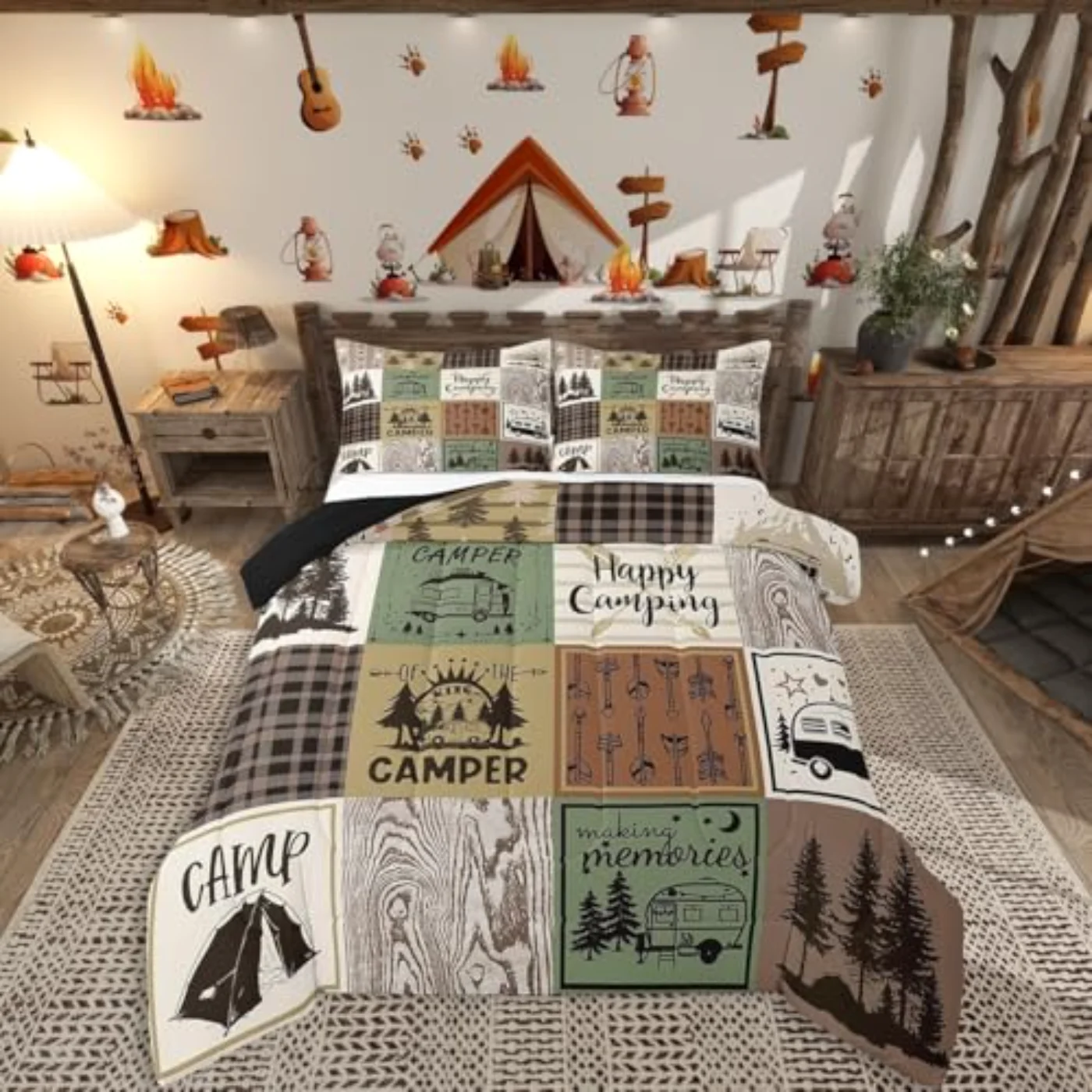 Happy Camping Rustic Cabin Camper Comforter Set, Queen