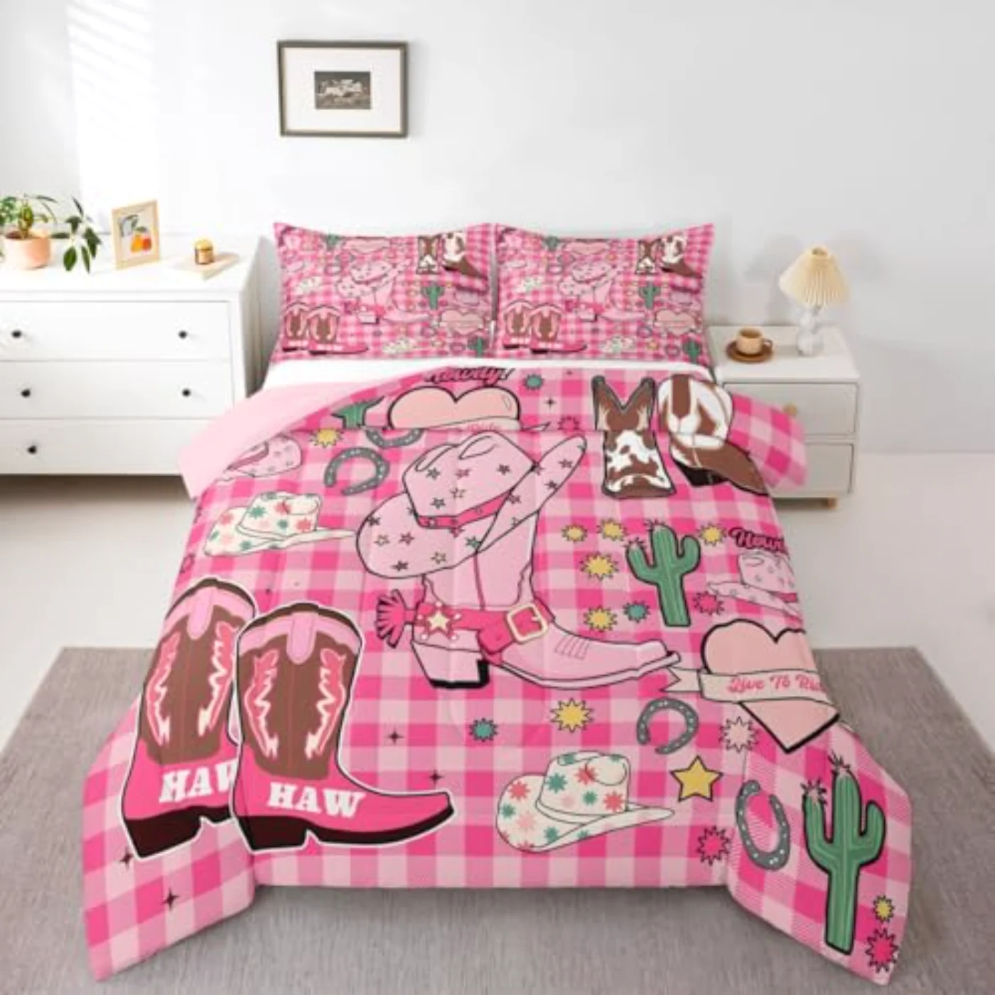 Pink Cowgirl Western Hat Horseshoe Comforter Set, Twin