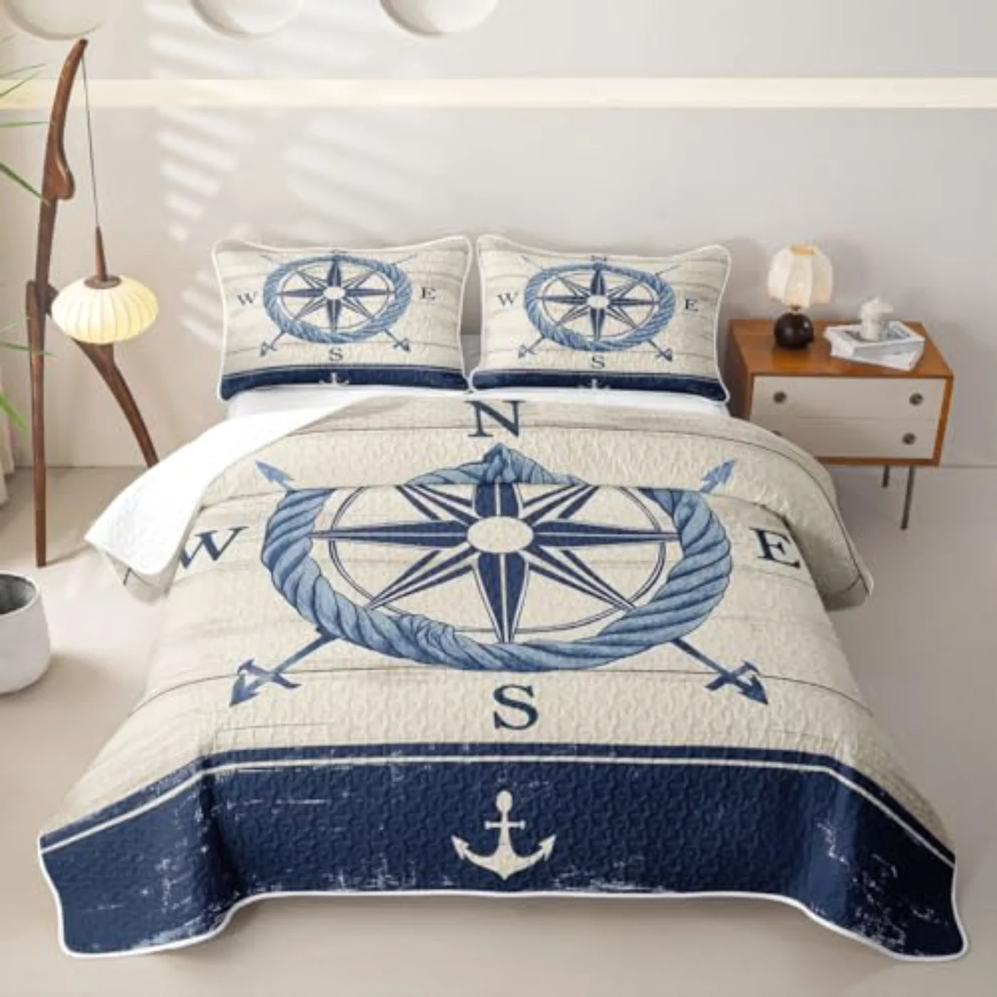 Vintage Nautical Compass Distressed Wood Quilt, King