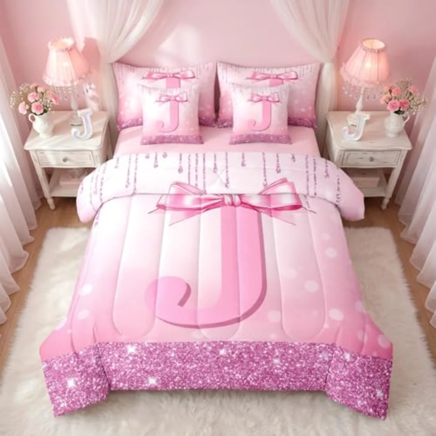 Kids Pink Bowknot Teens Girls Comforter Set, Twin