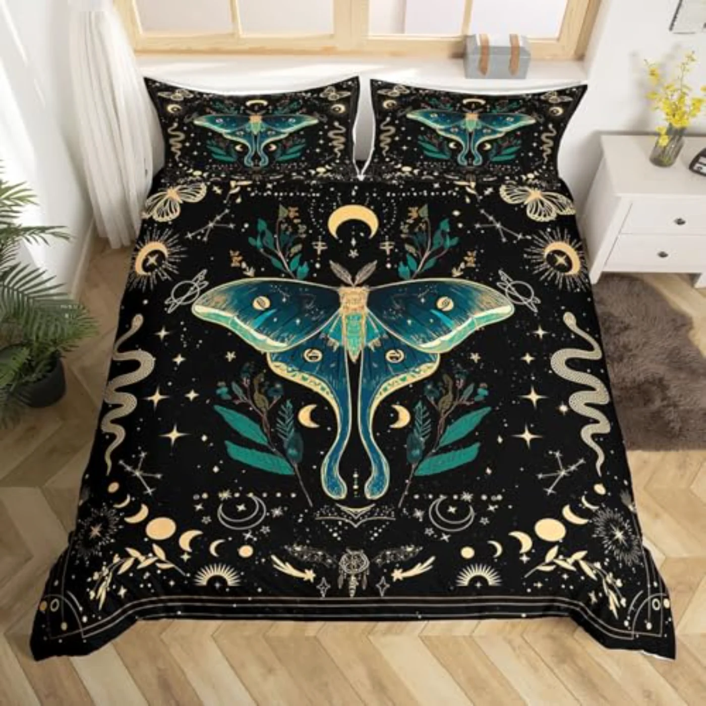 Teal Moth Gold Moon Phases Duvet Cover, Queen