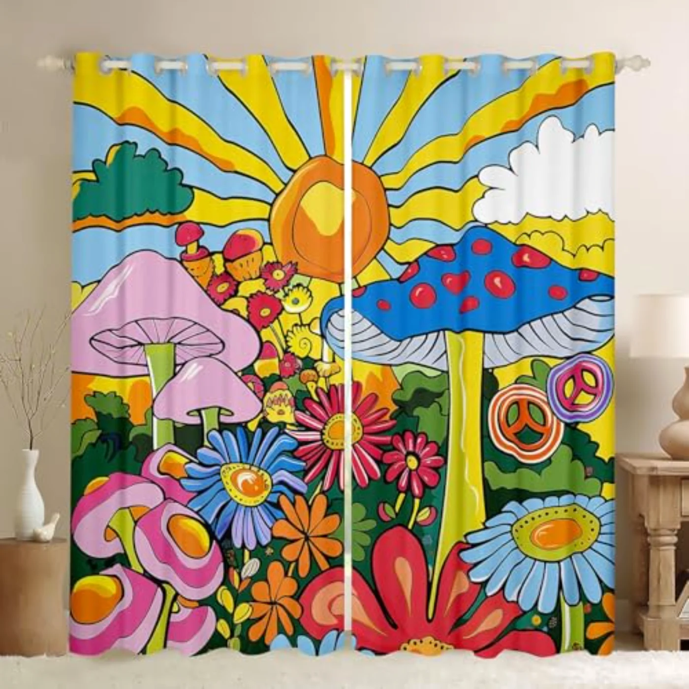 Kawaii Mushroom Curtains Boho Sun Curtains