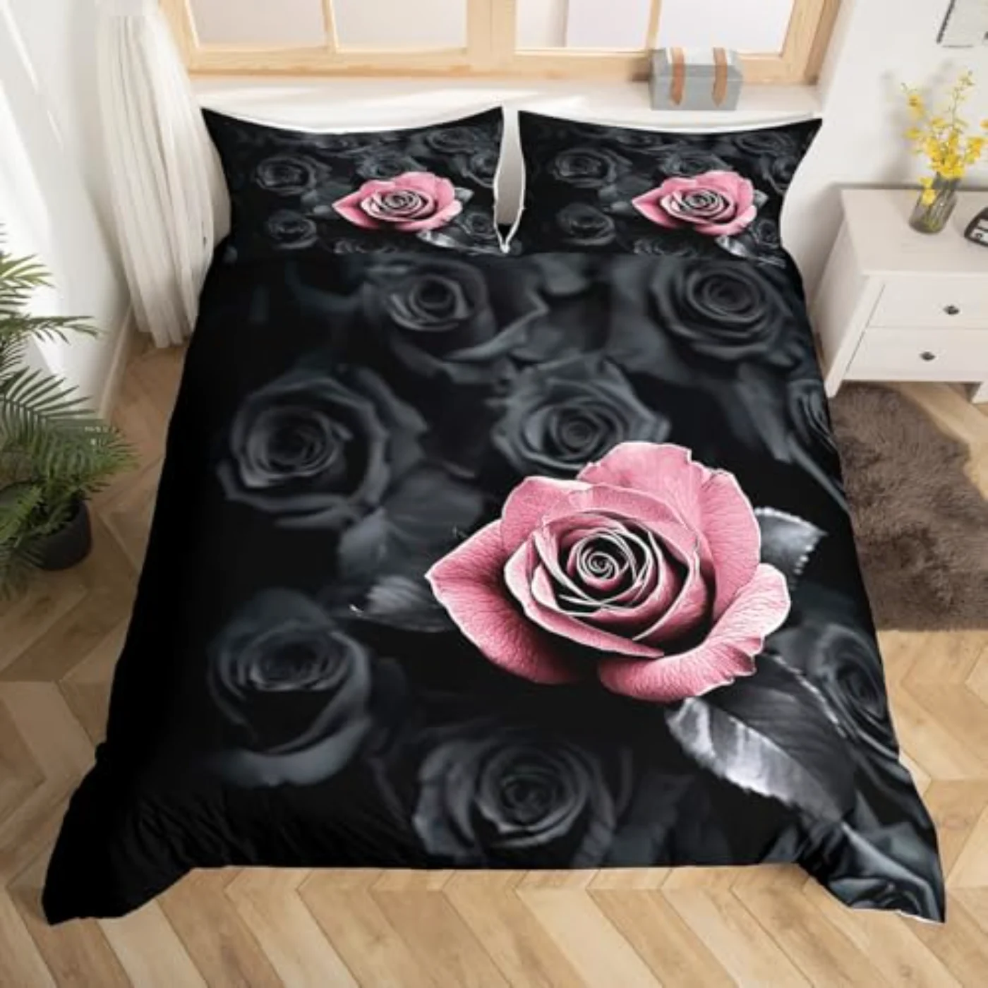 Black Pink Rose Romantic Floral Duvet Cover, Full
