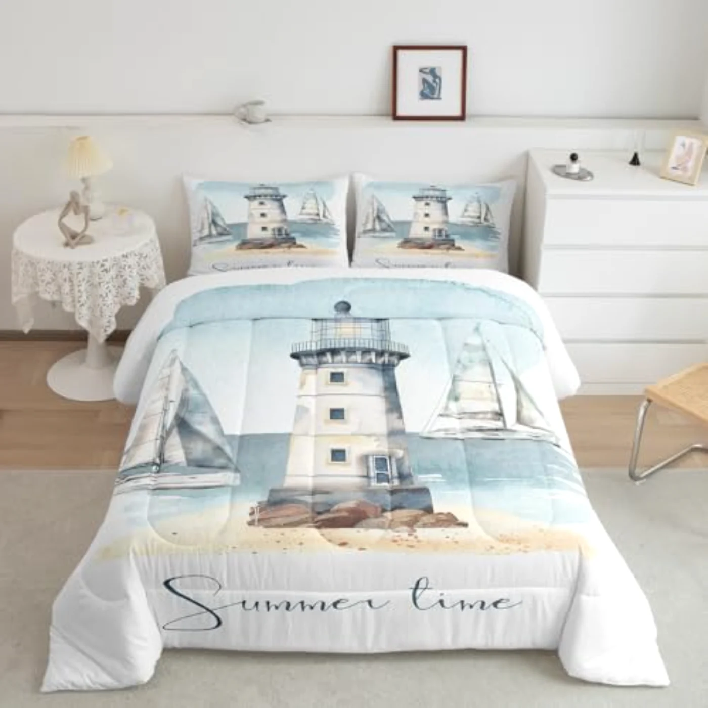 Nautical Sailboat Lighthouse Watercolor Ocean Comforter Set, Twin