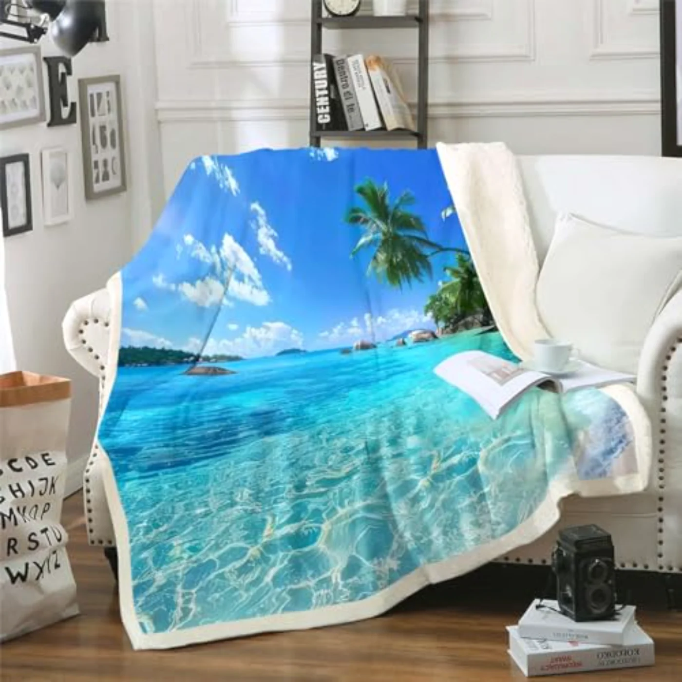 Ocean Palm Leaves Sherpa Blanket Throw, Twin