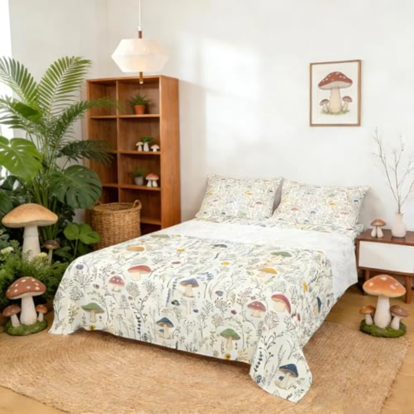 Cartoon Mushroom Flowers Branch Leaves Sheet Set, King