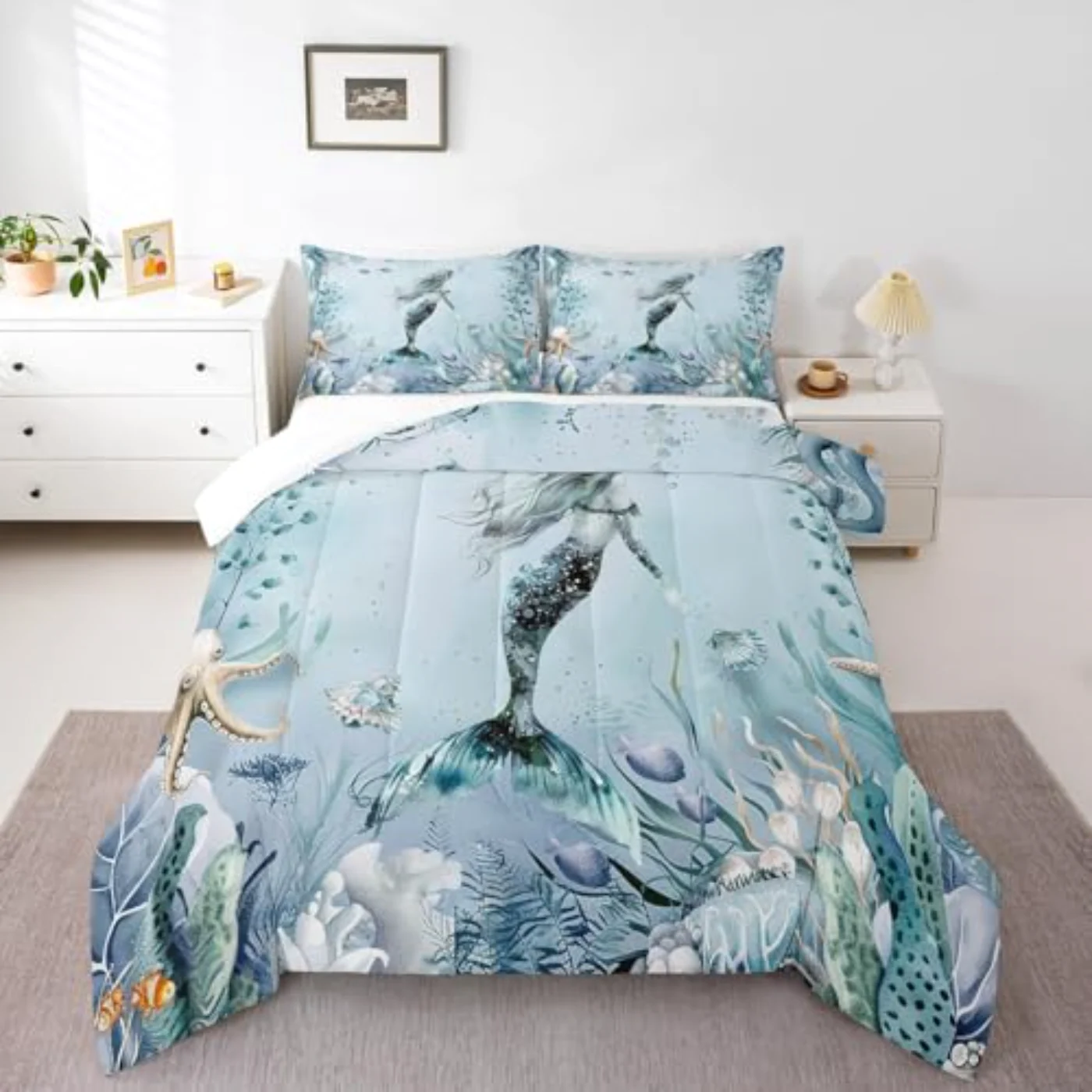 Mermaid Teal Blue Ocean Beach Comforter Set, King