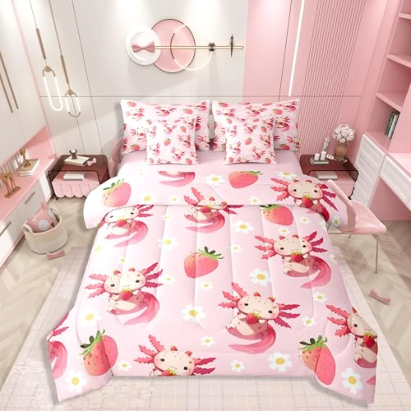 Strawberry Axolotl - Cute Pink Comforter Set, Full