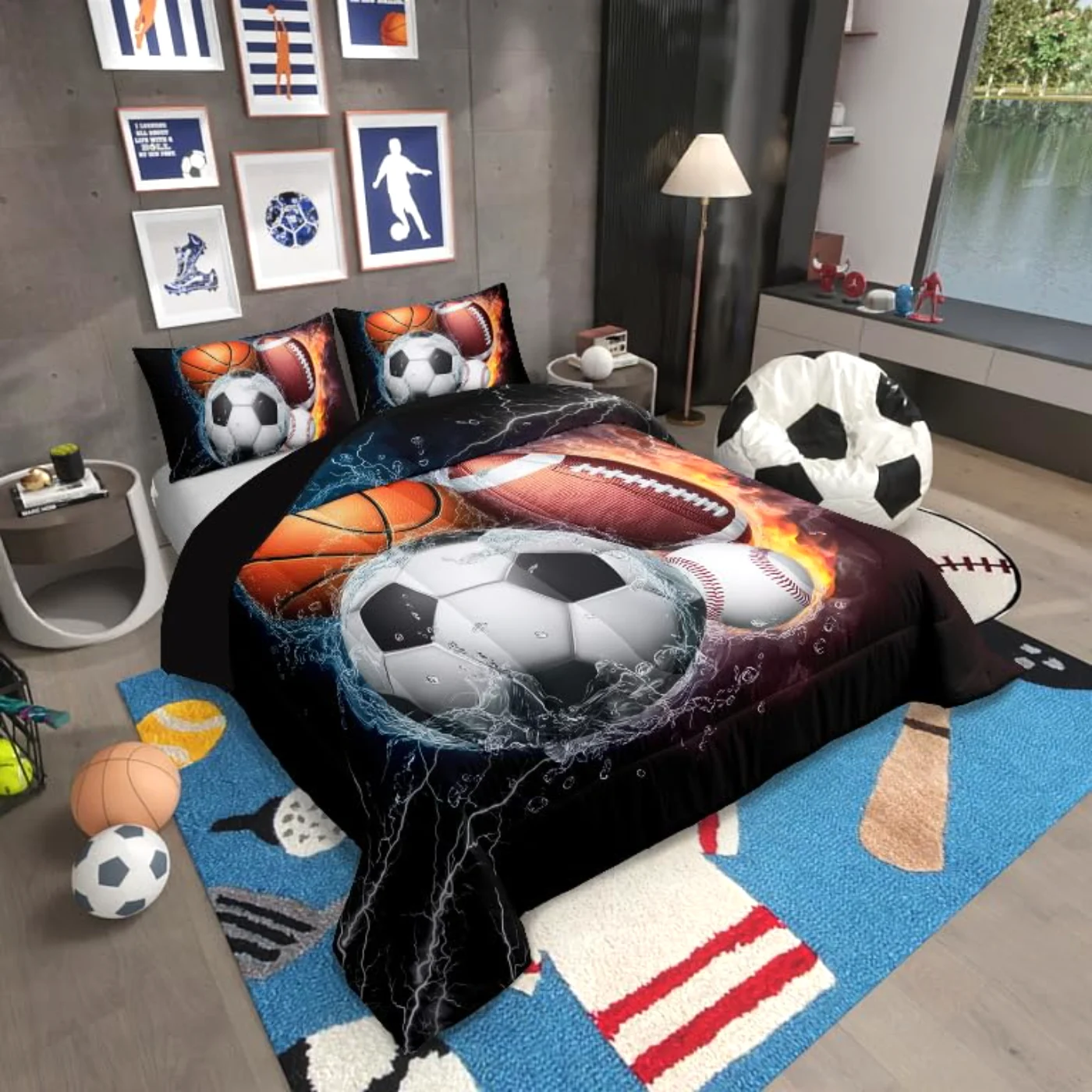 Football Baseball Basketball Soccer Pillow Comforter Set, Full