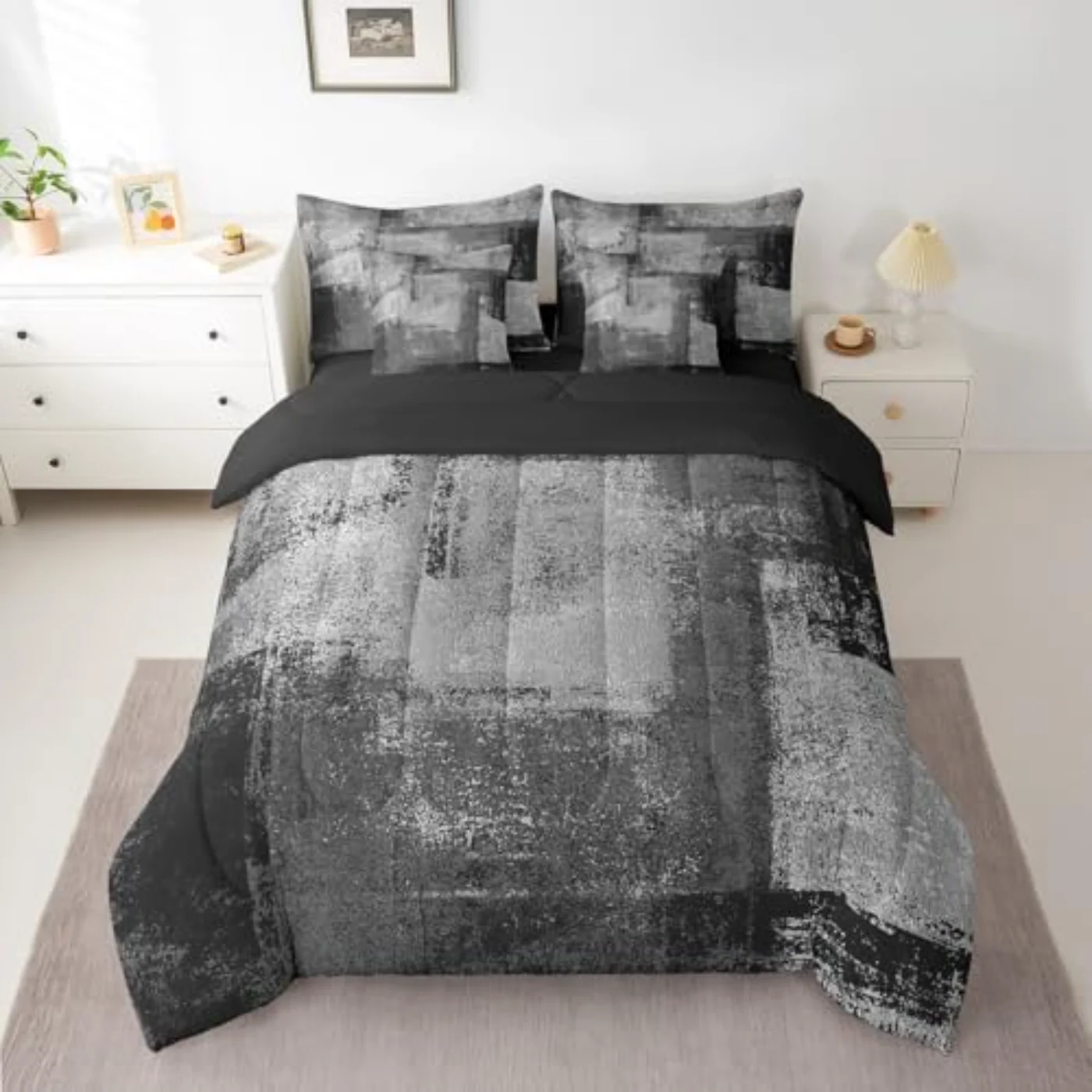 Black White Grey Geometric Abstract Comforter Set, Queen