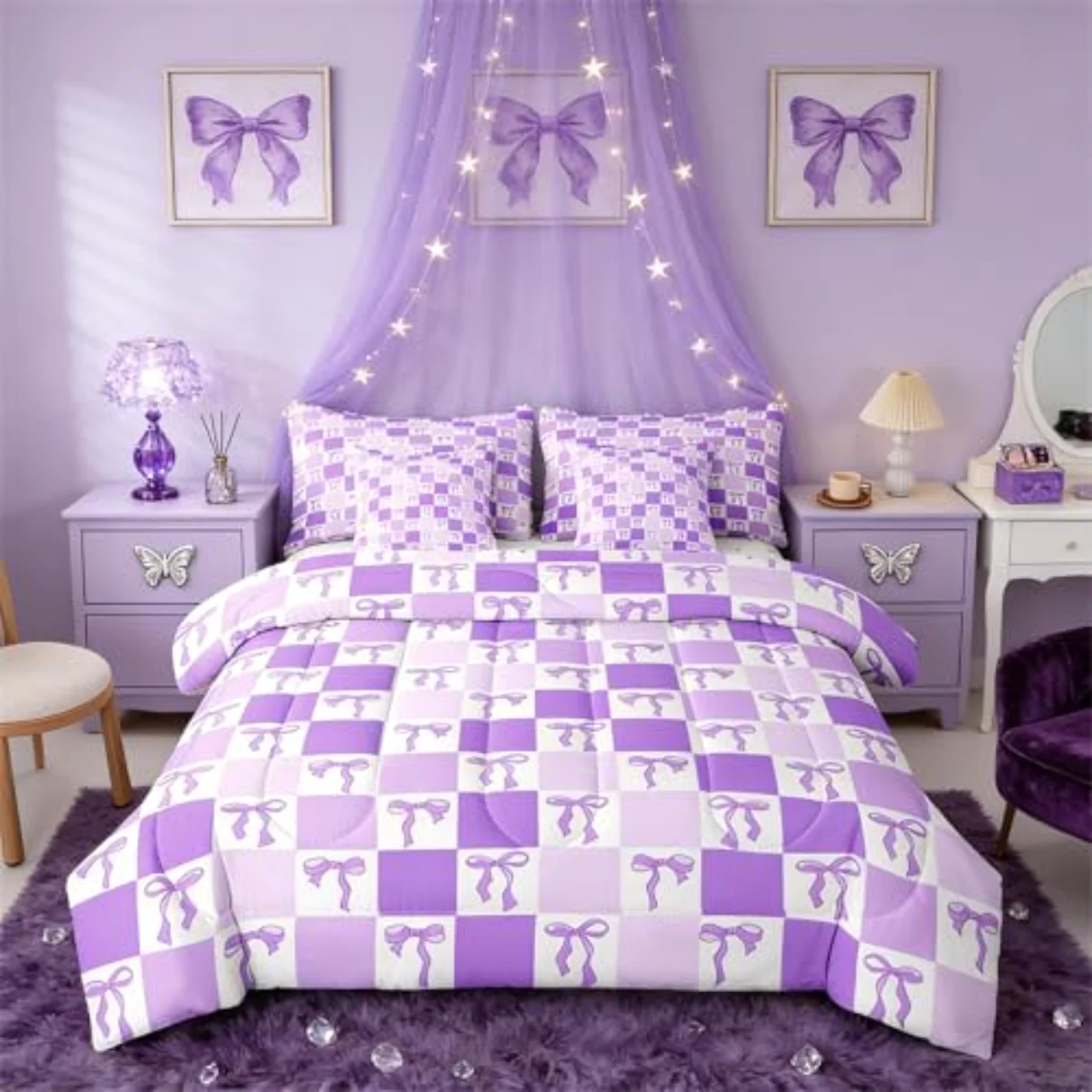 Square Bowknot Sheets Kawaii Cute Comforter Set, Twin