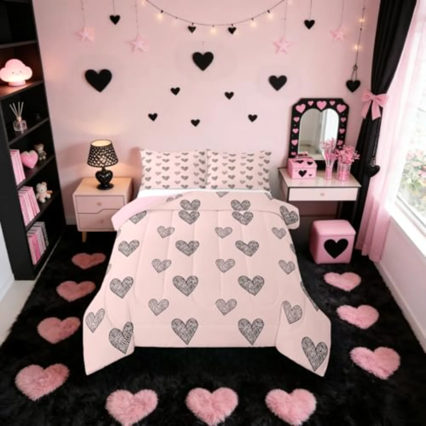 Hand Drawn Heart Girls Pink Comforter Set, Twin