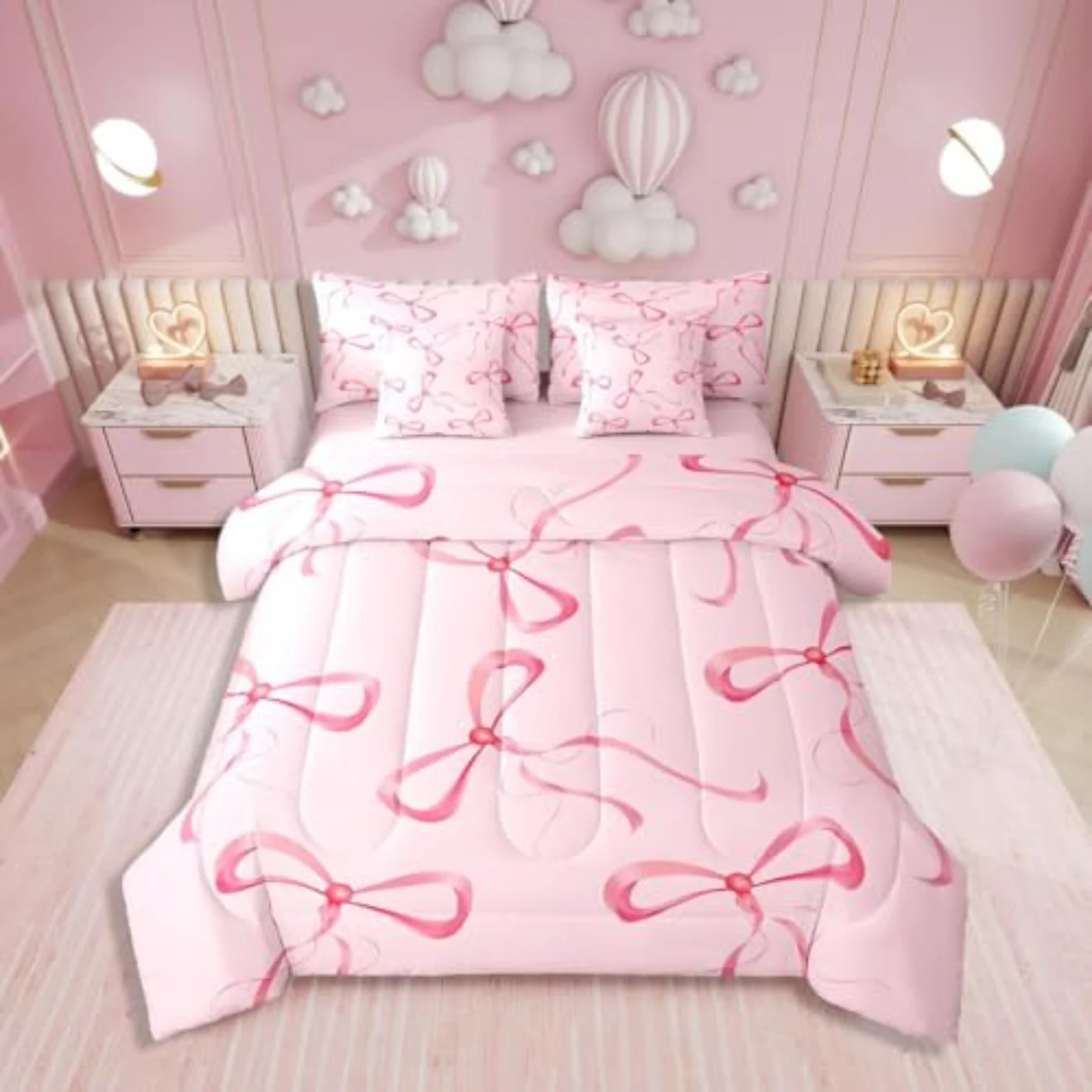 Pink Bow Cute Kawaii Bow Comforter Set, Queen