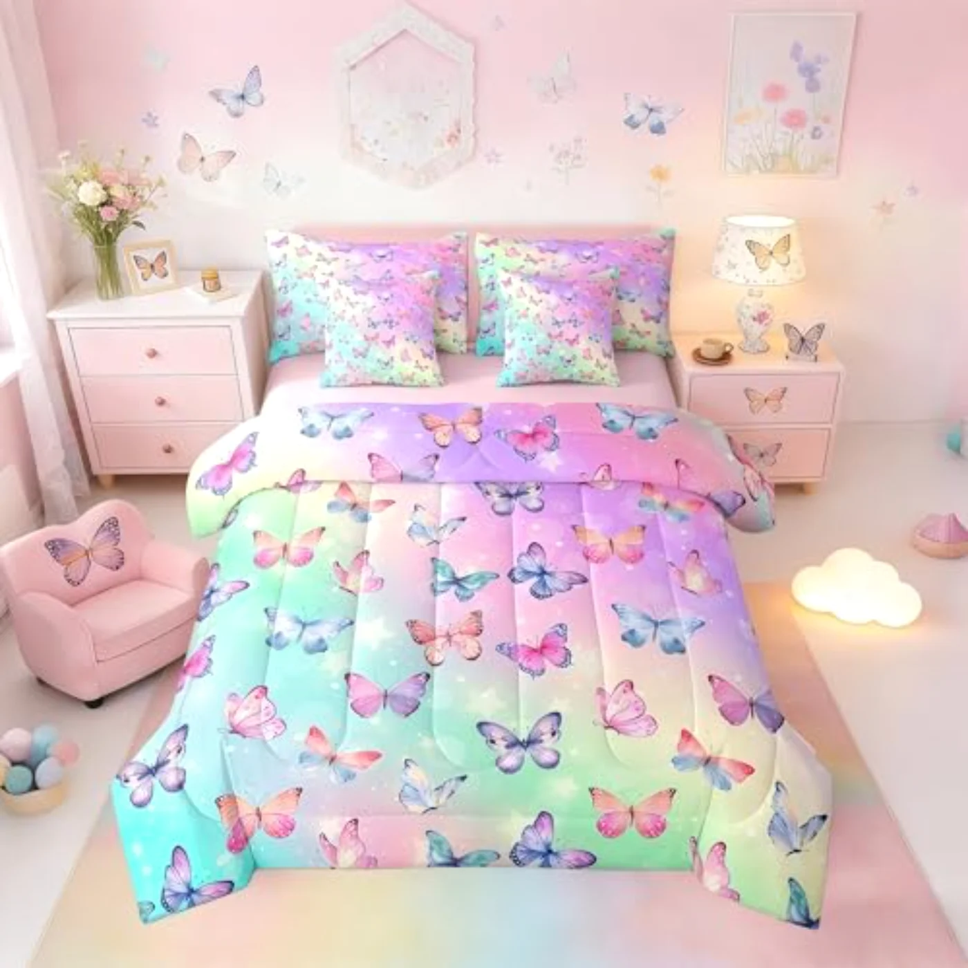 Butterfly Sheets - Pink Blue Comforter Set, Queen