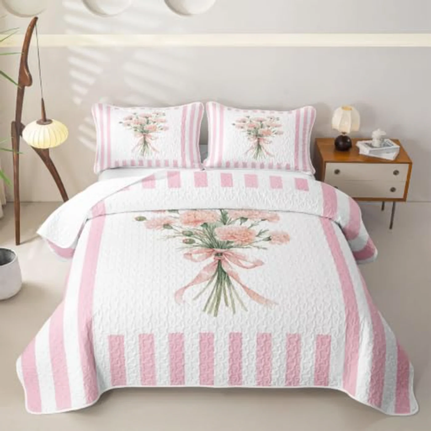Pink Flower Carnation Floral Pink Quilt, Twin