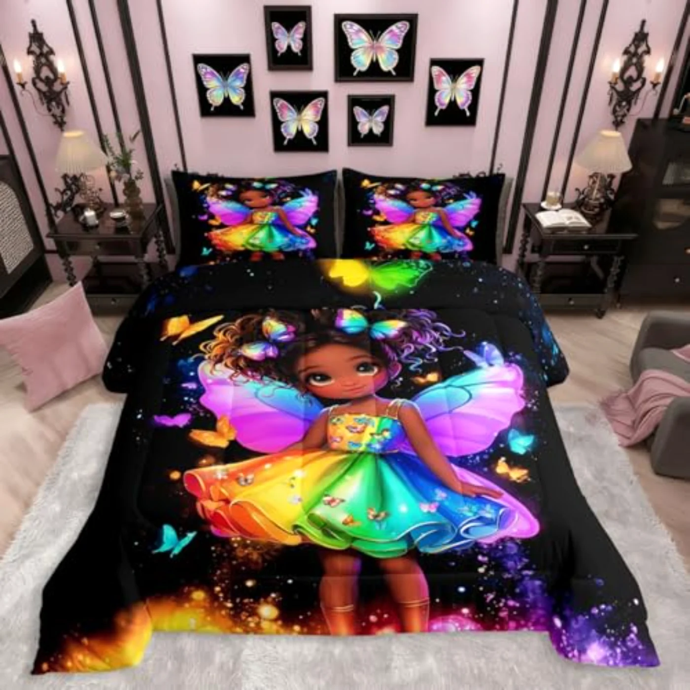 Rainbow Black Girls Kids Boys Comforter Set, Twin